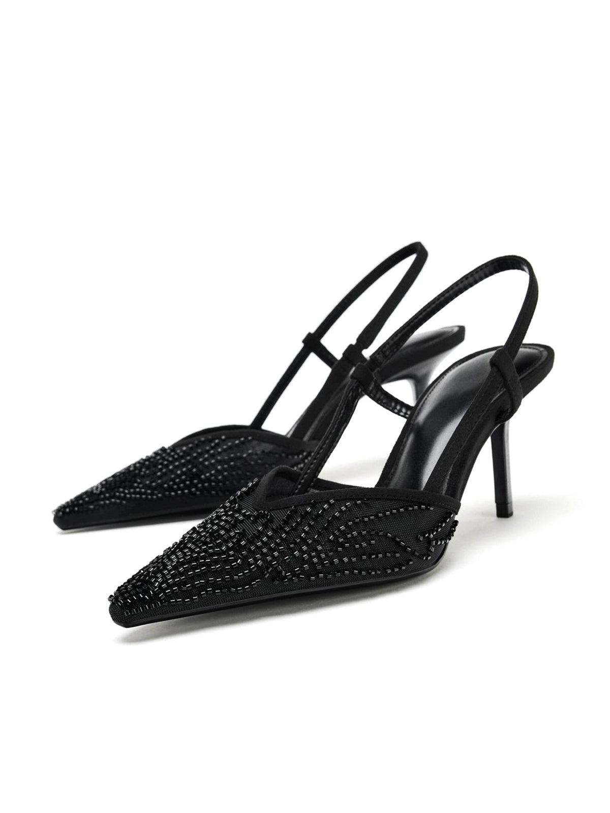 Black Mesh Pointed-Toe Front Sparkly Appliques Slingback Kitten Heels