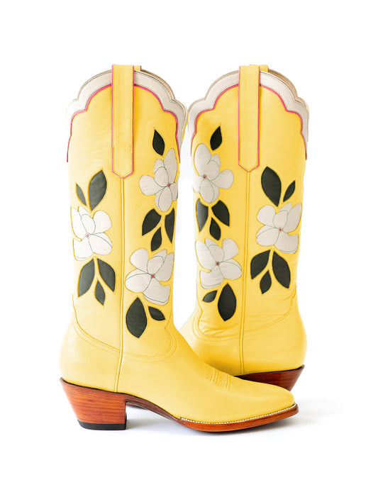 Yellow Almond-Toe White Flower Inlay Wide Calf Knee High Cowgirl Boots