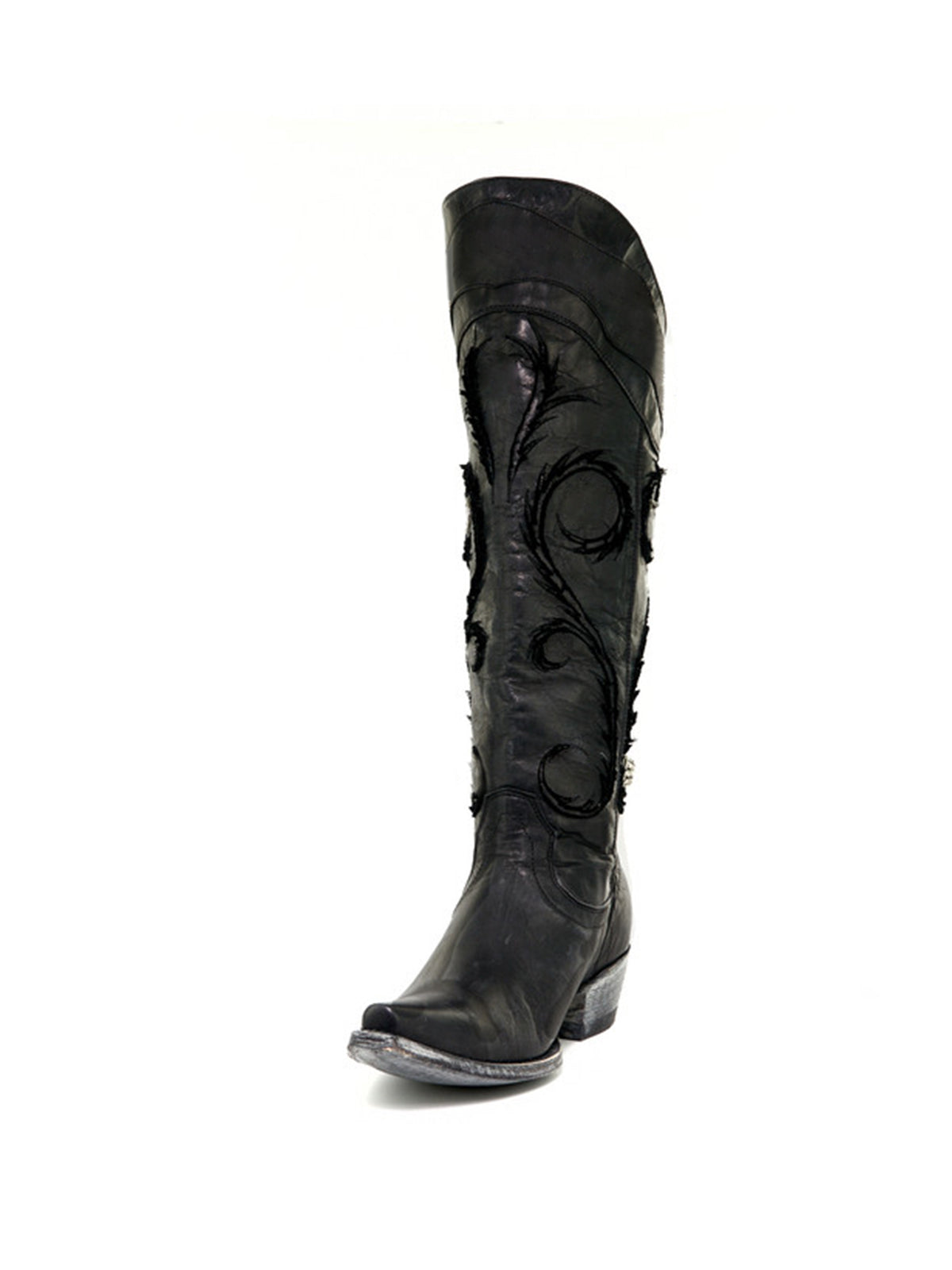 Black Snip-Toe Chic Embroidery Wide Calf Knee High Cowgirl Boots