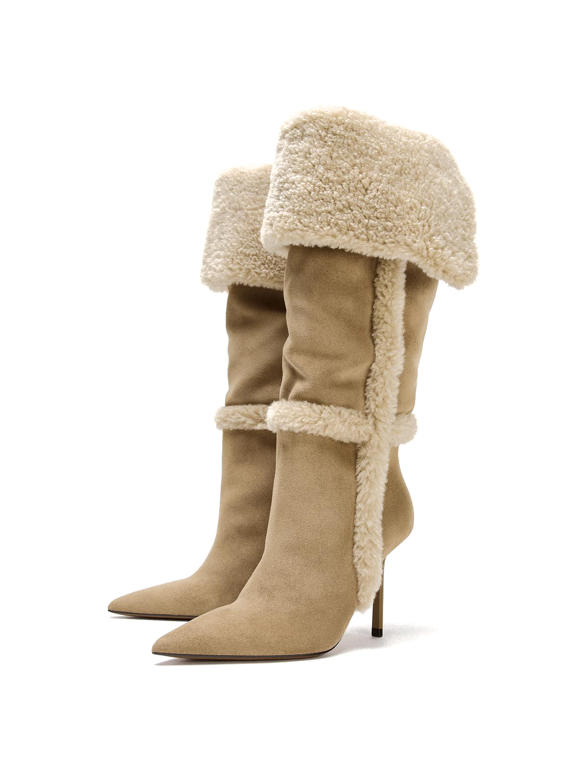 Light Beige Faux Suede Pointed-Toe Plush Wide Calf Knee High Stiletto Boots