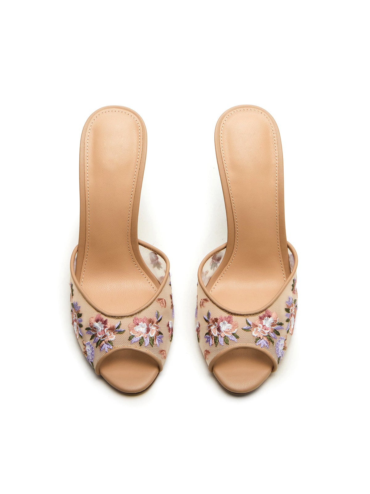 Високи токчета с гол гръб и флорални мотиви в телесен цвят
