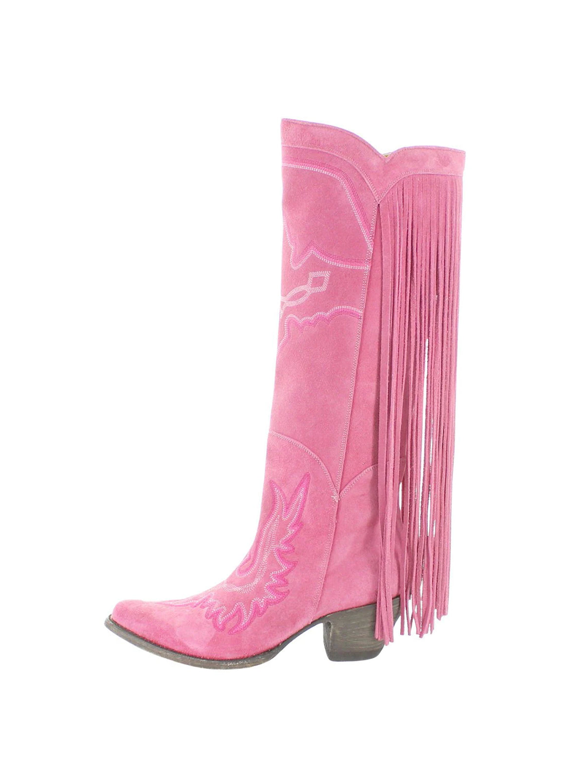 Almond-Toe Faux Suede Fringe Full-Zip Embroidery Knee High Cowgirl Boots - Pink