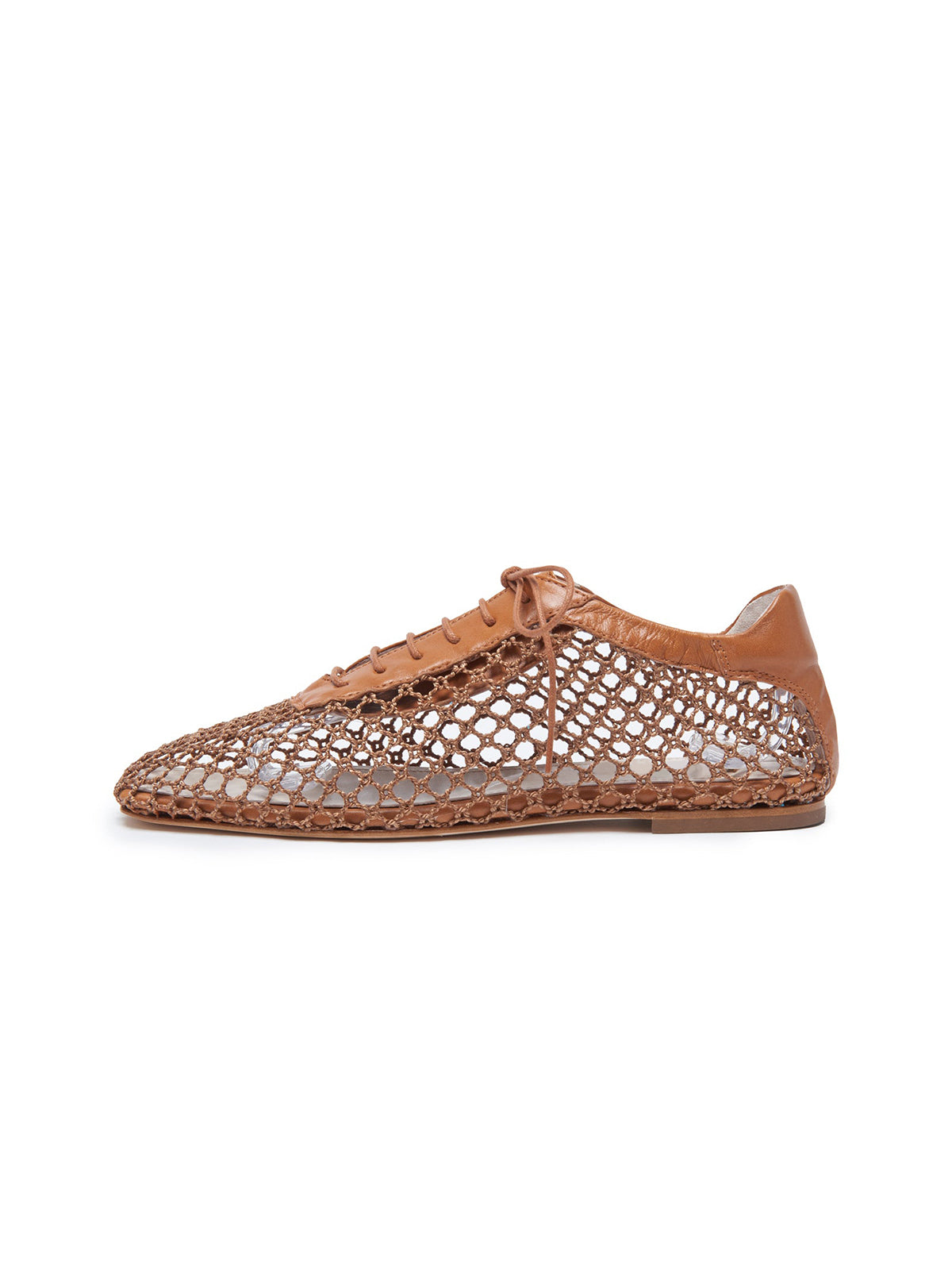 Camel Mesh And Vegan Leather Square-Toe Lace-Up Chic Flats