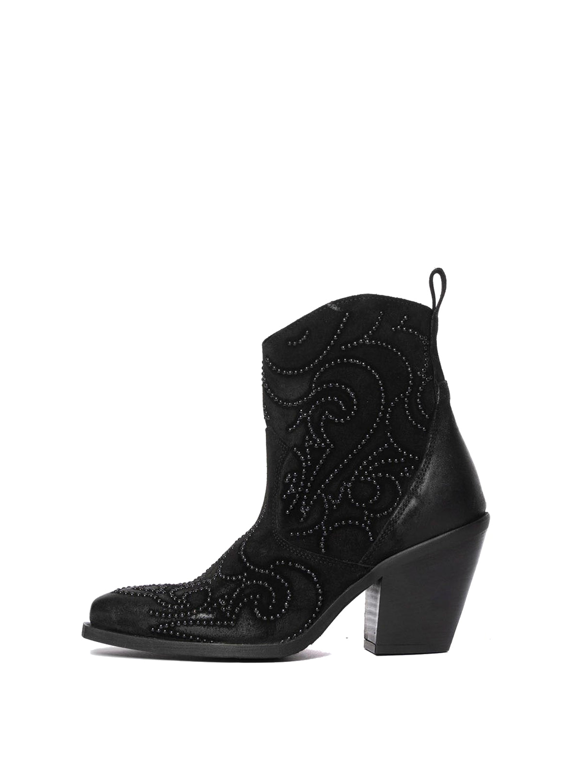 Black Faux Suede Snip-Toe Studded Full-Zip Ankle Cowgirl Boots