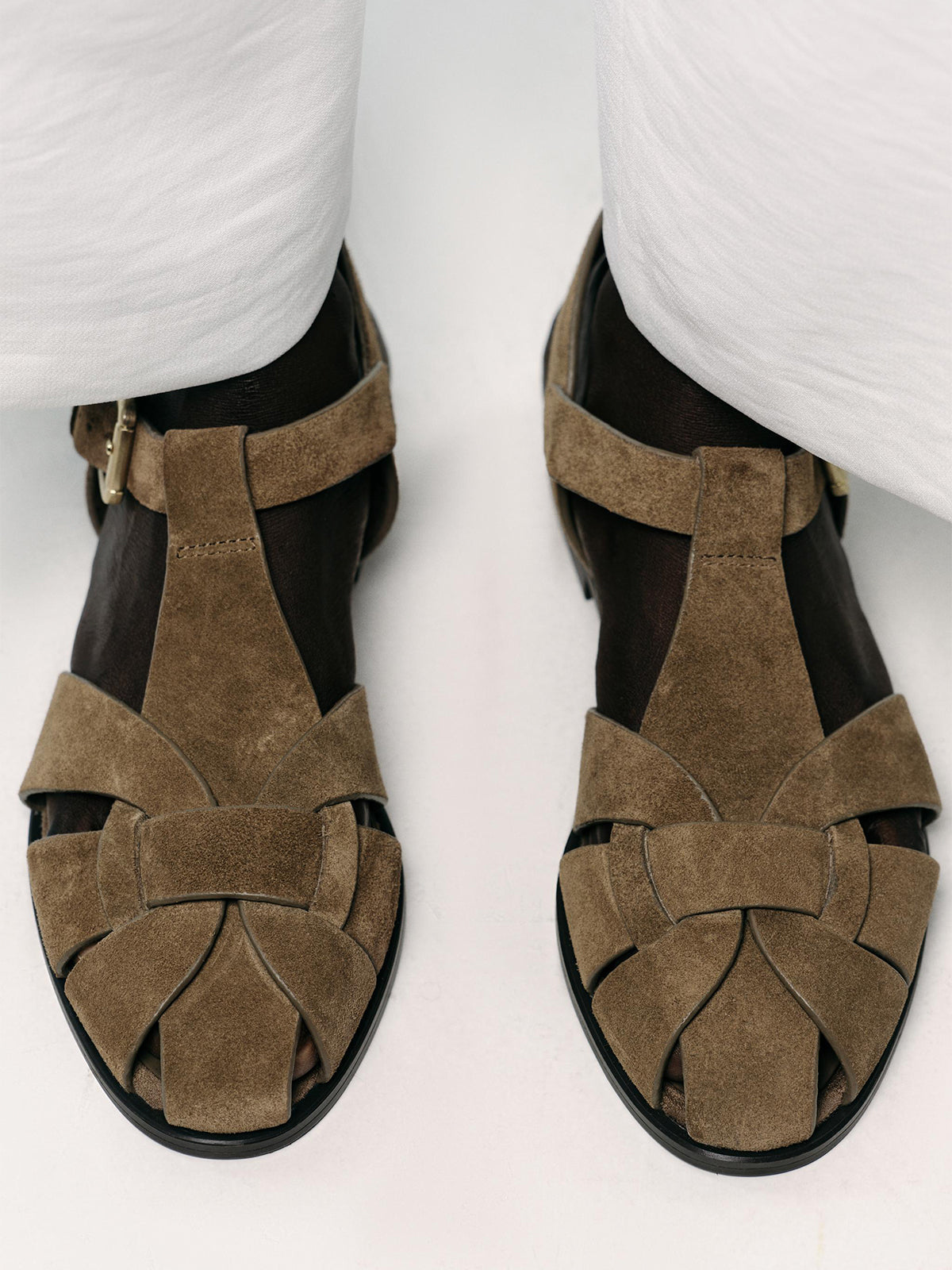 Taupe Faux Suede Round-Toe Ankle Strap Fisherman Sandals
