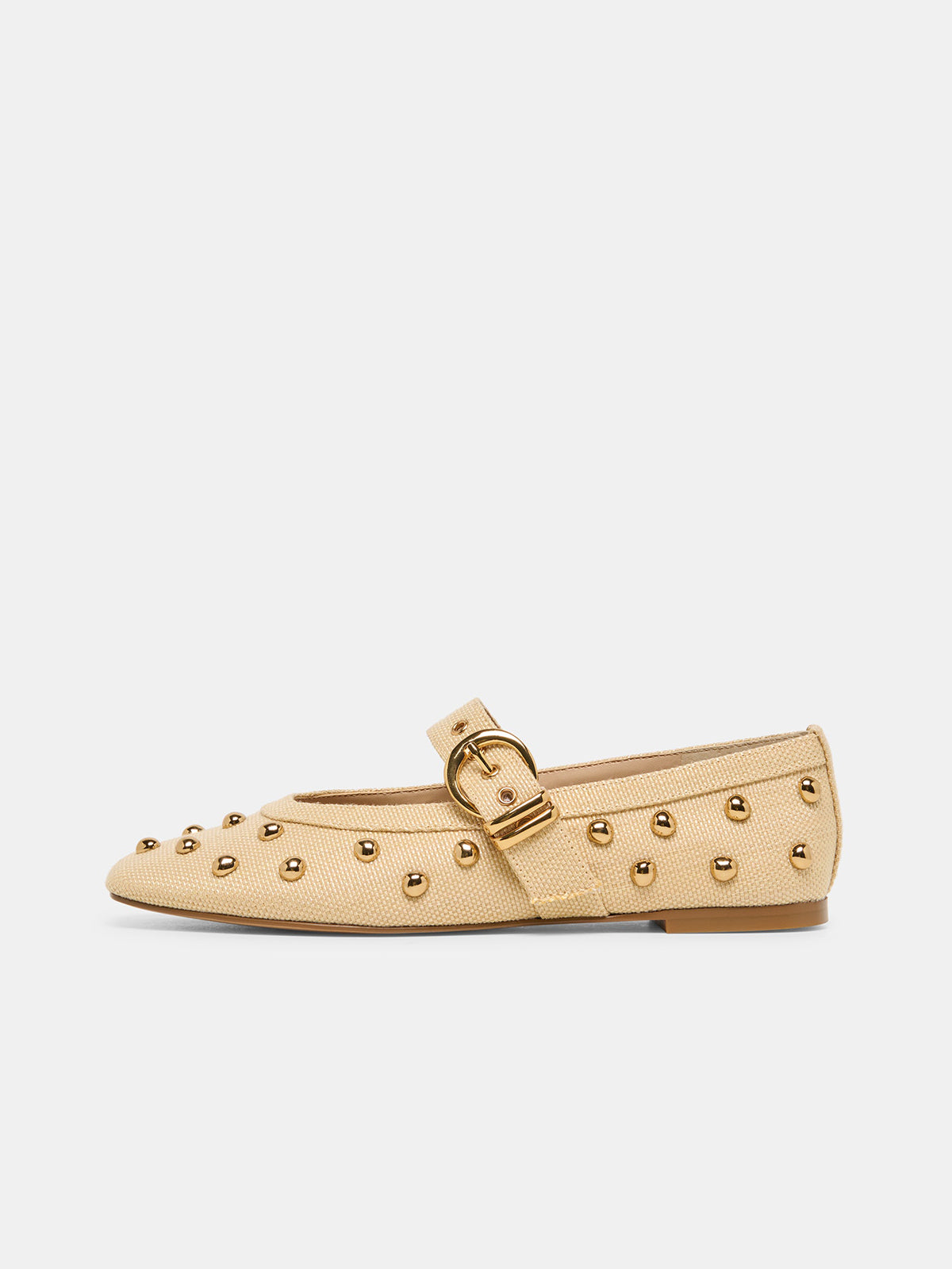 Beige Woven Square-Toe Studs And Mary Jane Ballet Flats