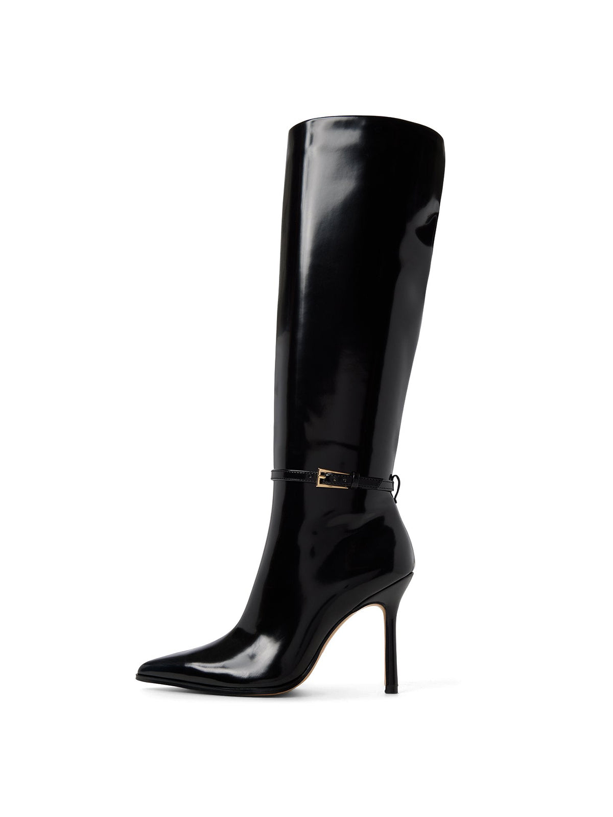 Patent Black Pointed-Toe Buckle Strap Full-Zip Knee High Stiletto Boots