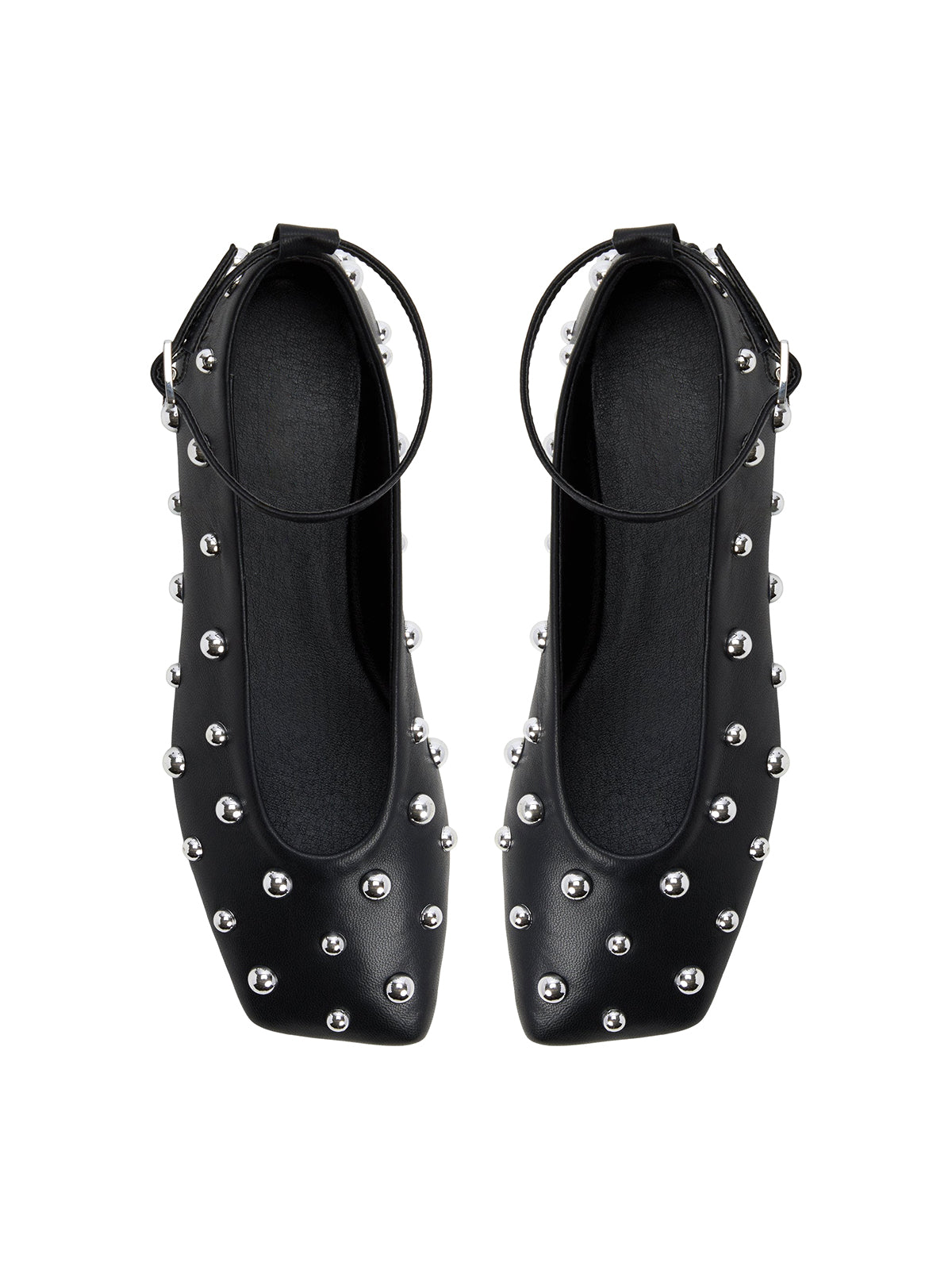 Black Square-Toe Full Studs Ankle Strap Ballet Flats
