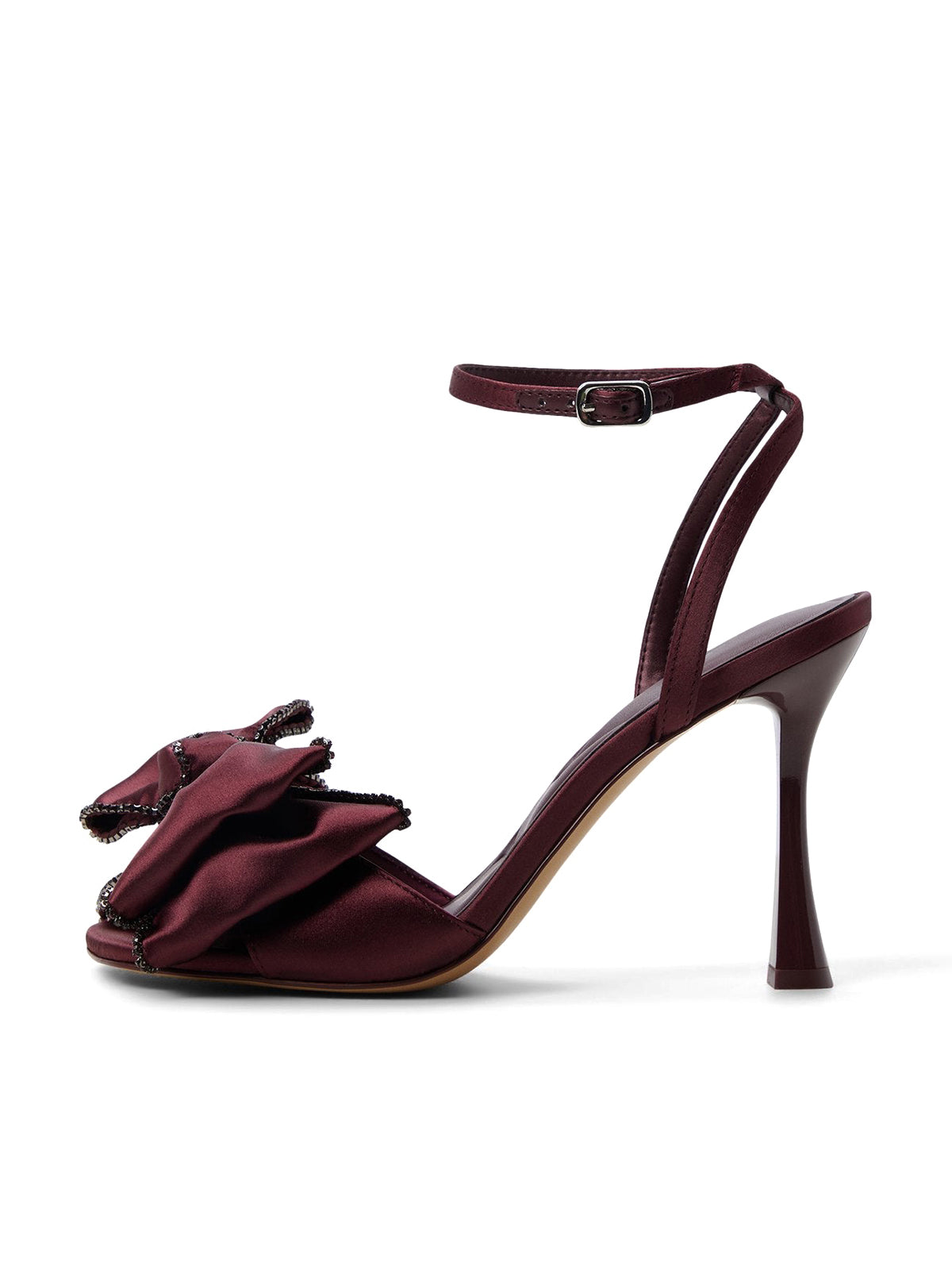 Burgundy Satin Square-Toe Front Bow Slingback Ankle Strap High Heels