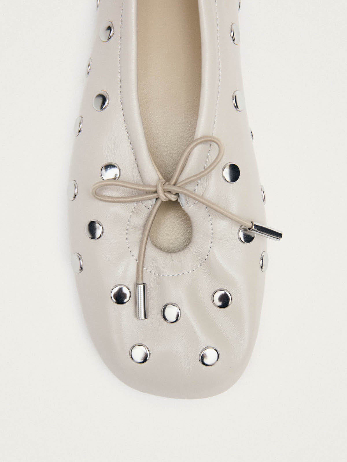 Ivory Square-Toe Full Studs And Front Bow Chic Ballet Flats