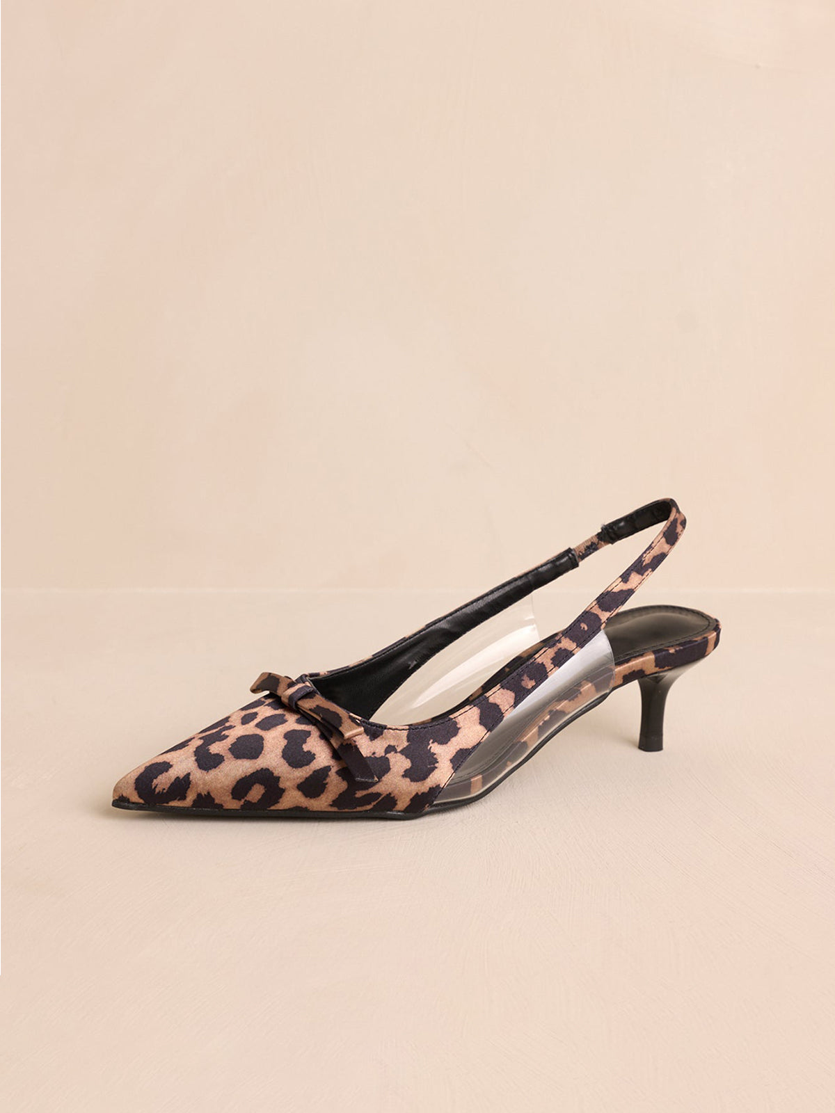 Leopard Satin Pointed-Toe Front Bow Slingback Kitten Heels With Transparent Film TPU