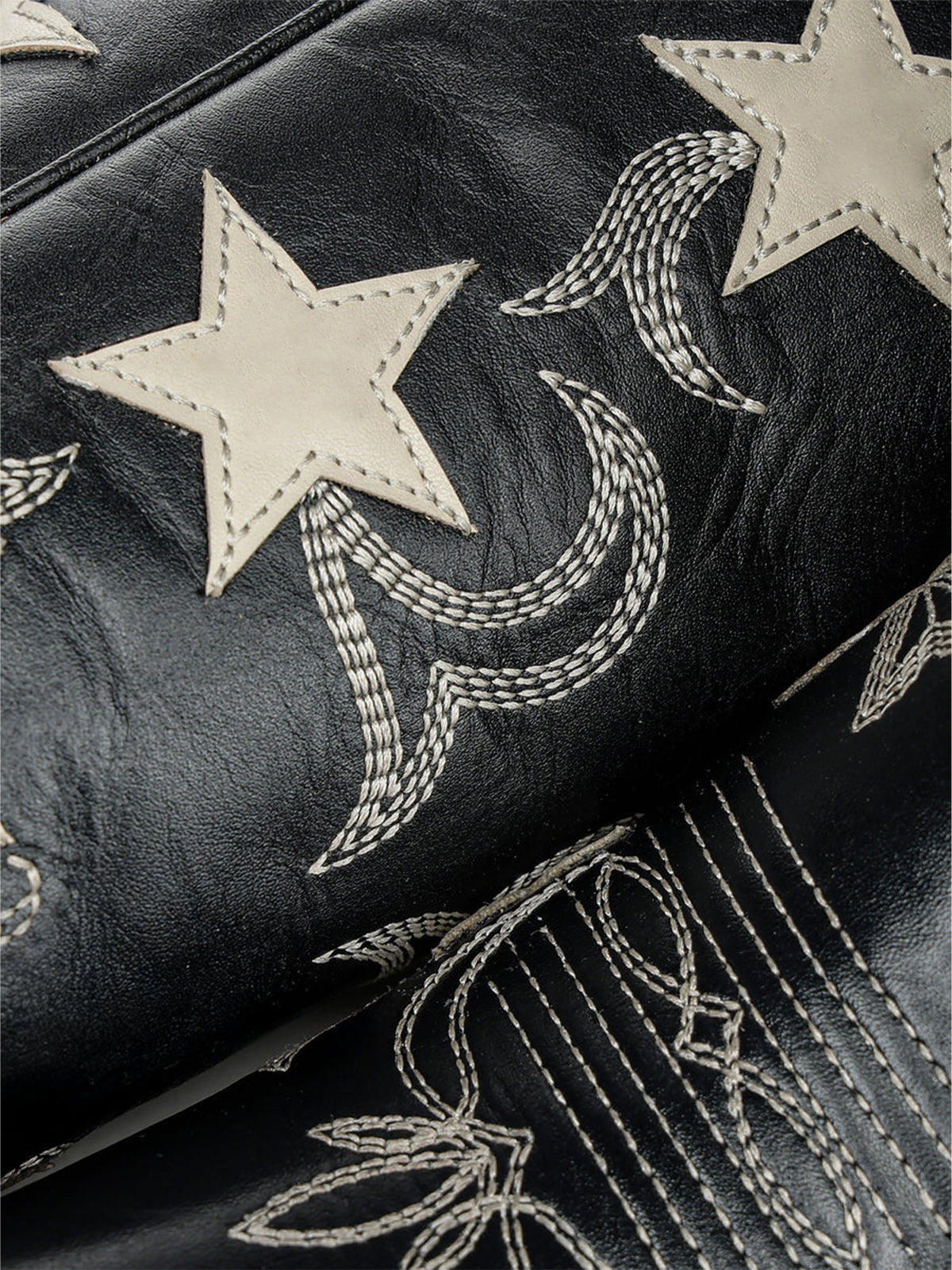 Black Snip-Toe Chic Star Inlay With Embroidery Wide Calf Knee High Cowgirl Boots