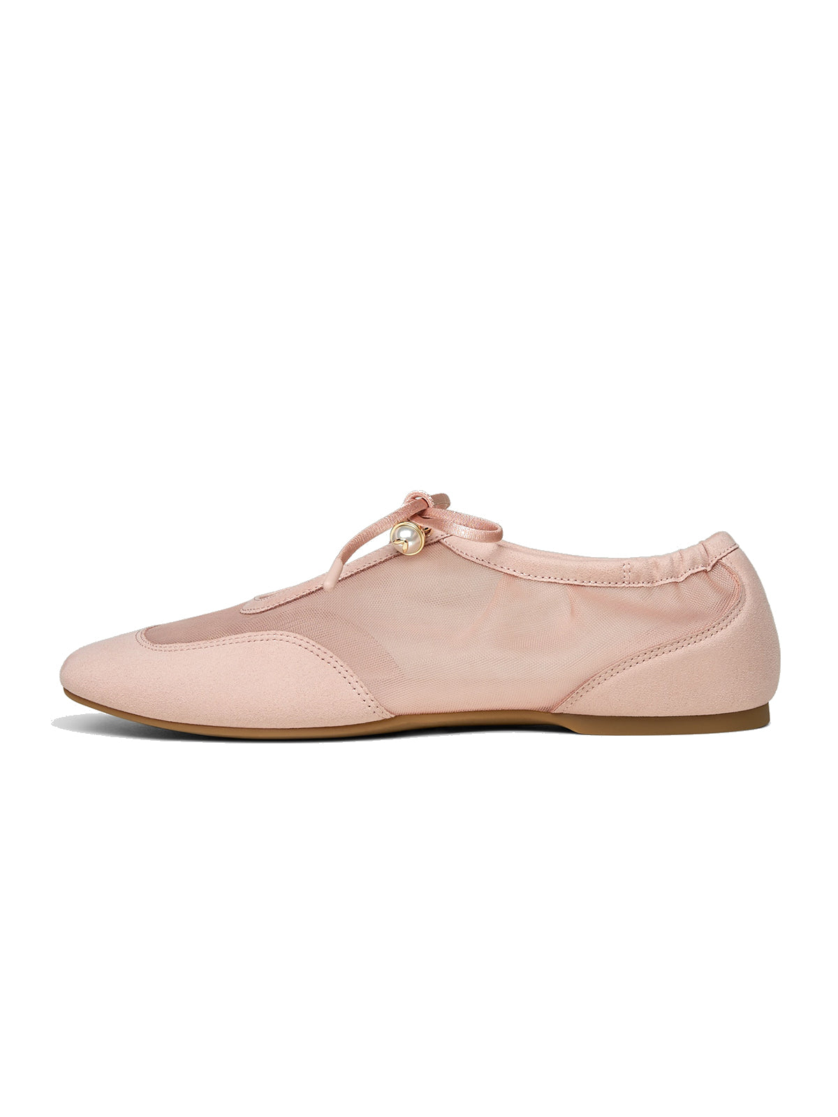 Blush Pink Mesh And Faux Suede Square-Toe Floral Embroidery Bridge Bow Strap Flats