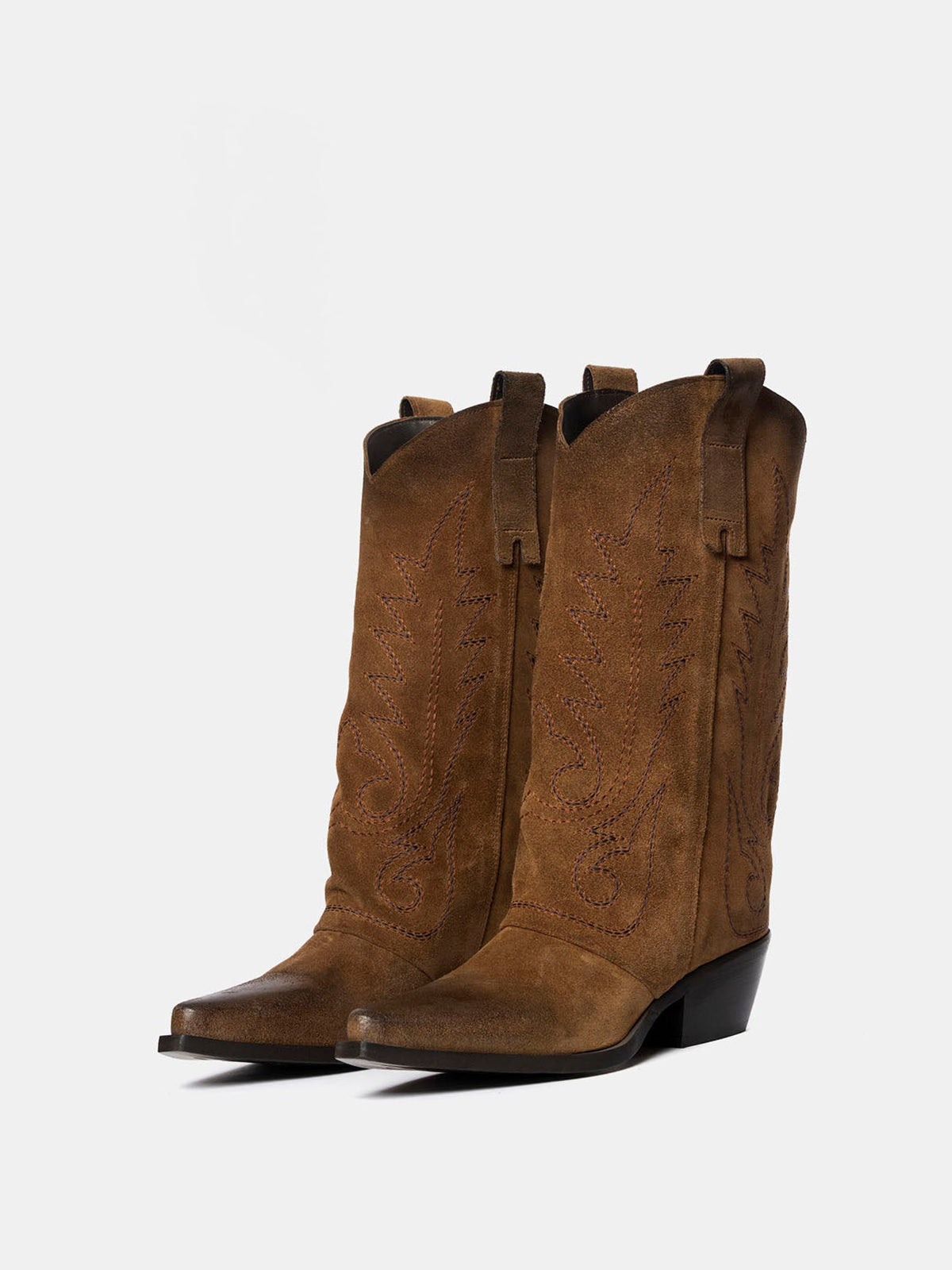 Taupe Snip-Toe Faux Suede Embroidery Classic Mid Calf Cowgirl Boots