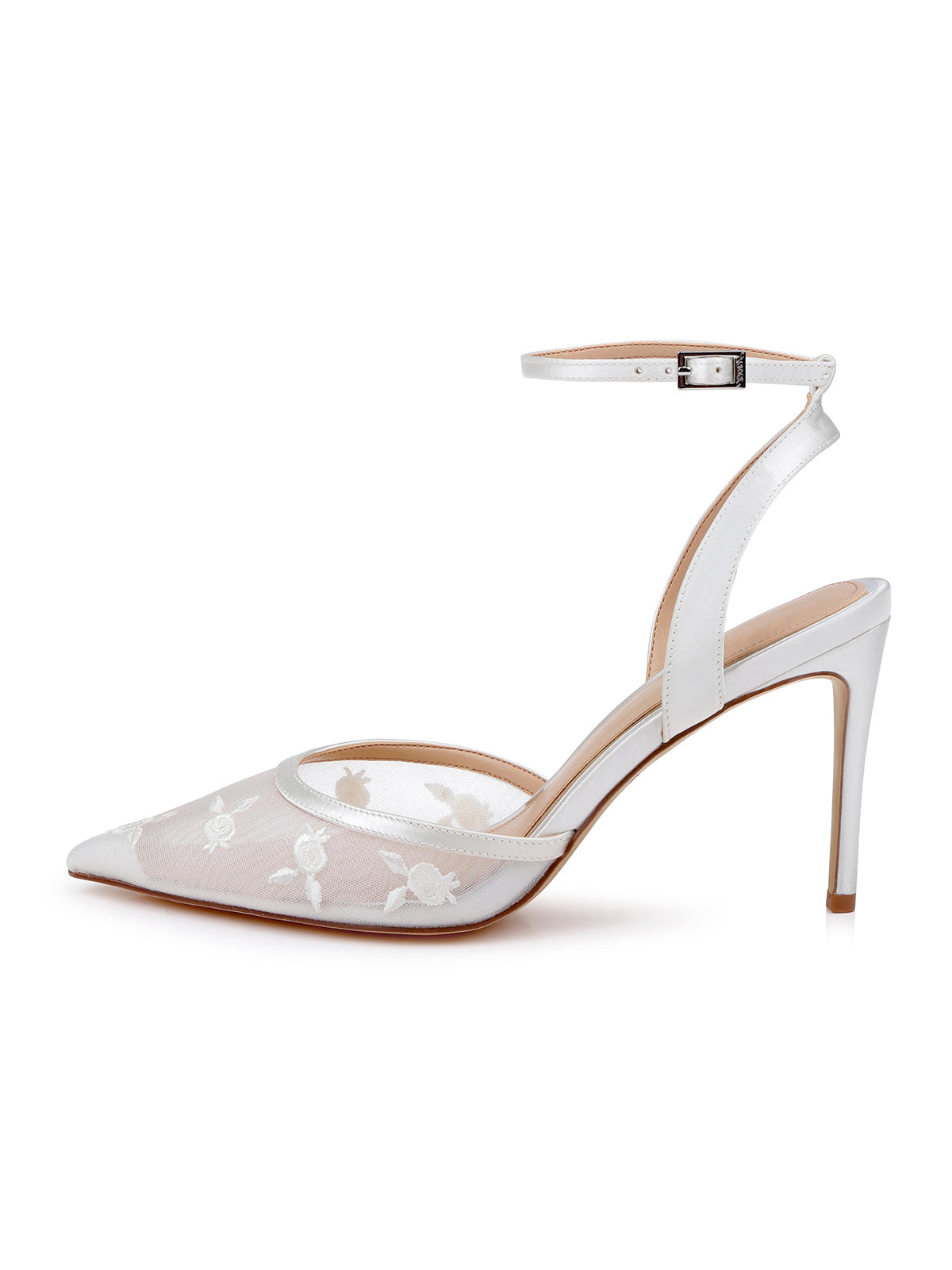 Ivory Mesh And Satin Pointed-Toe Back And Ankle Strap Chic High Heels