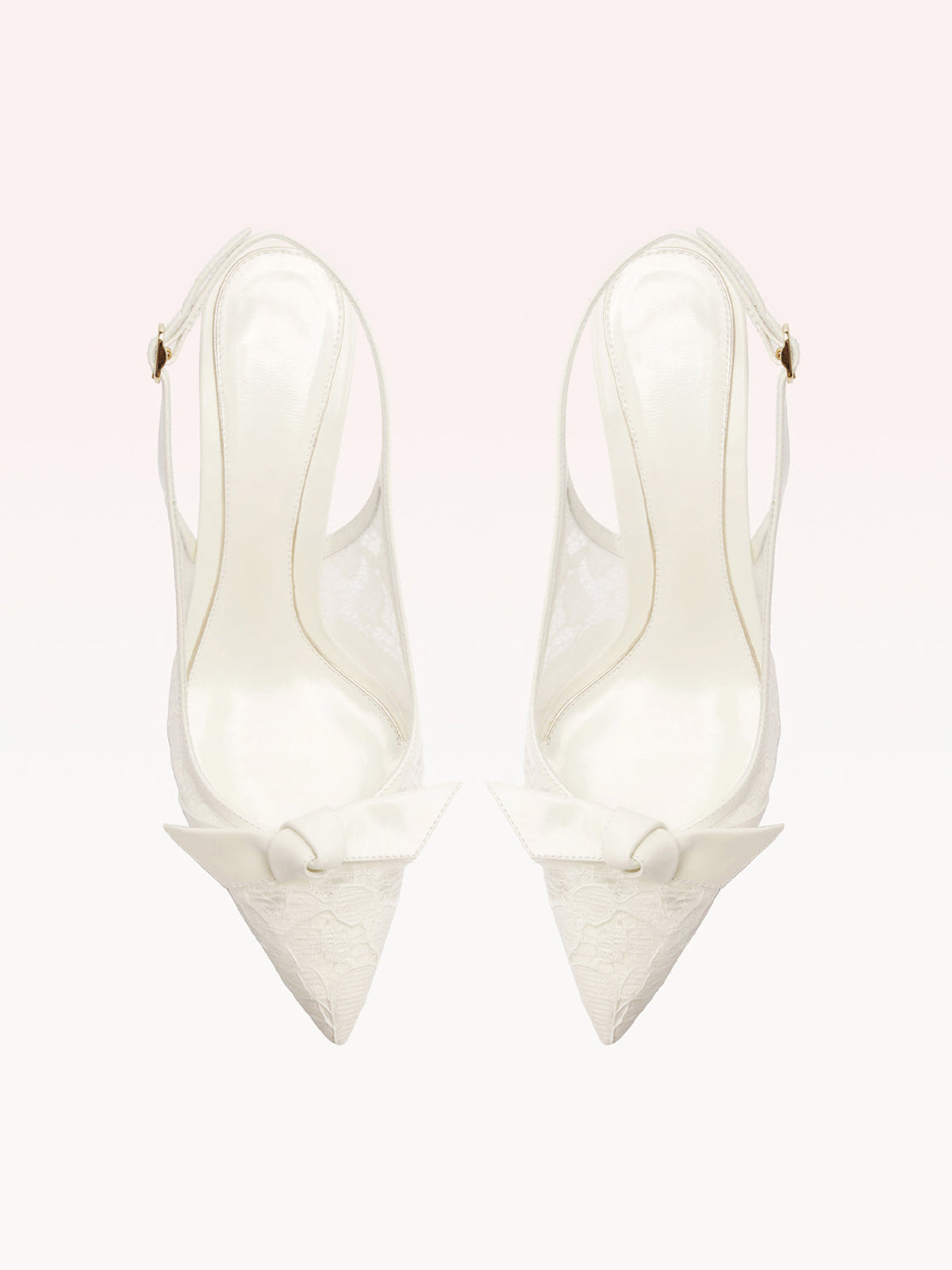 Ivory Lace Mesh Pointed-Toe Front Knot Buckle Slingback Kitten Heels