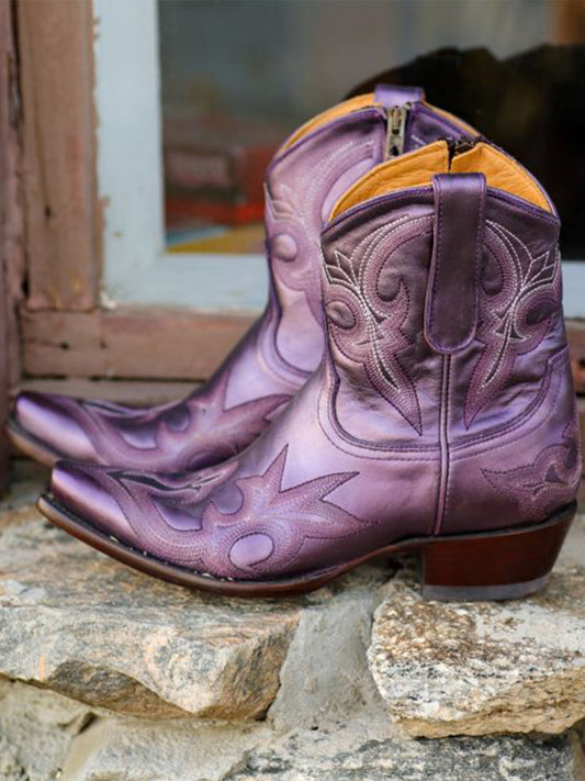 Metallic Purple Snip-Toe Classic Embroidery Full-Zip Ankle Cowgirl Boots