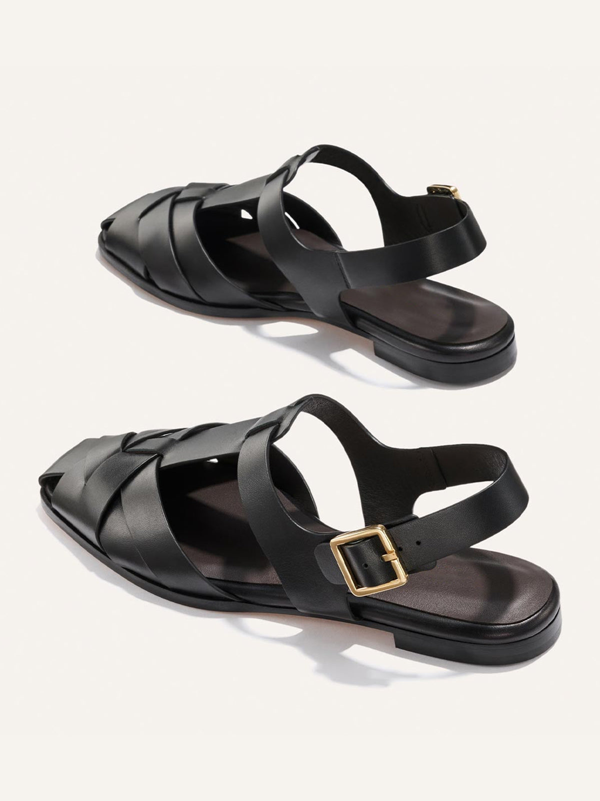 Black Cow Leather Square-Toe Caged Fisherman Chic Flats