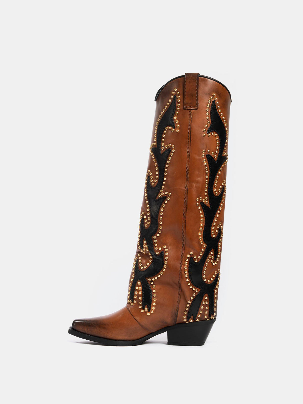 Brown Snip-Toe Inlays Studs Wide Calf Knee High Cowgirl Boots