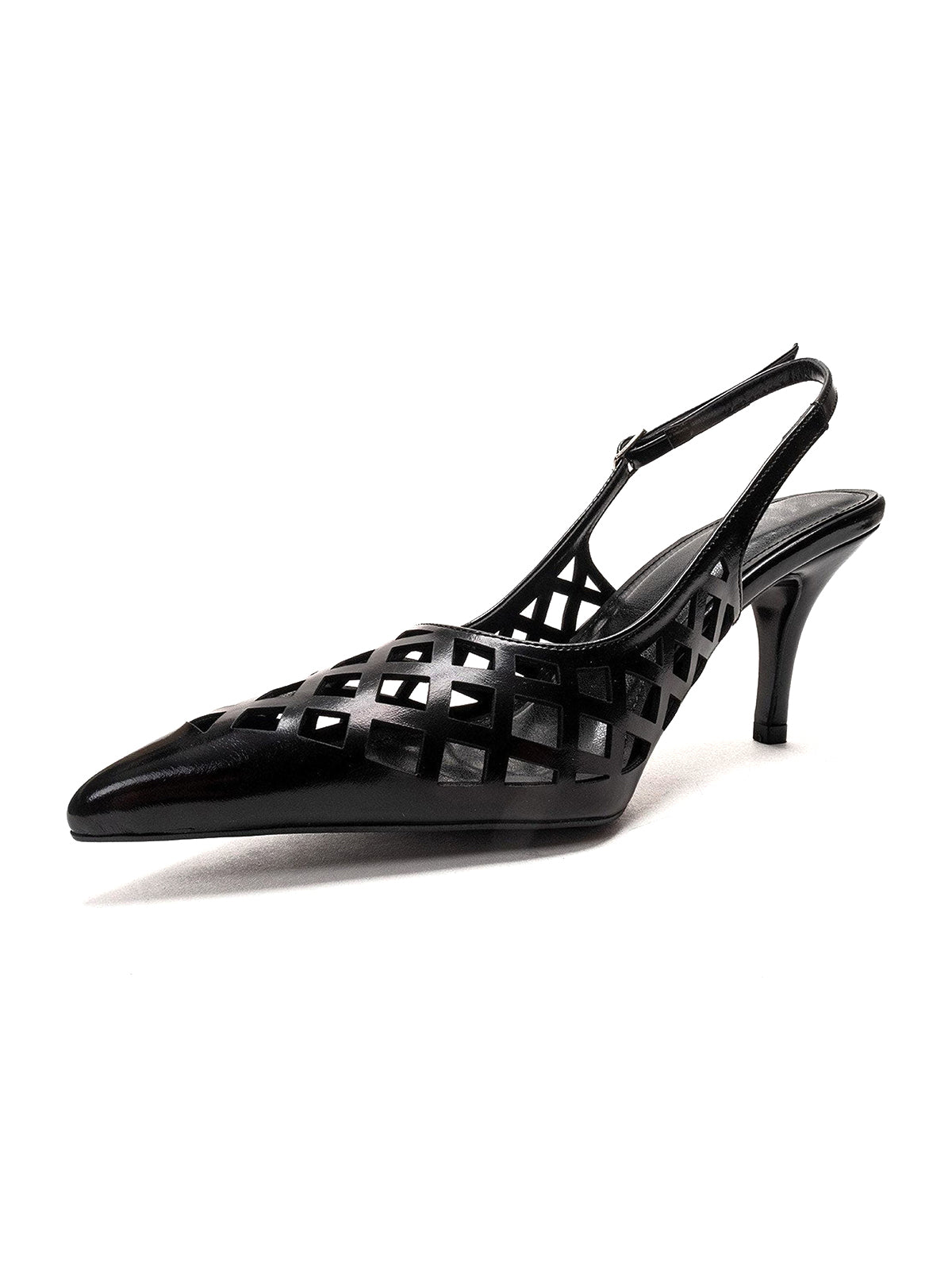 Black Pointed-Toe Cutout Chic Buckle Back Strap Kitten Heels