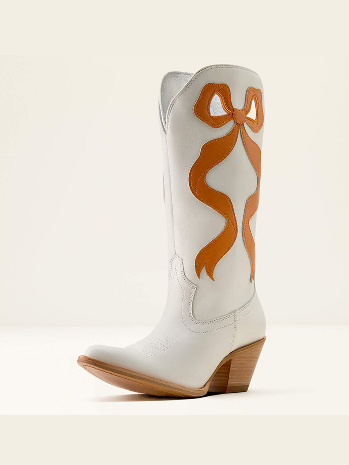 Ivory Almond-Toe Orange Side Big Bow Applique Mid Calf Cowgirl Boots