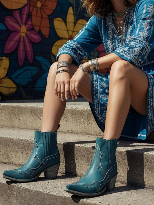 Blue Snip-Toe Metal Inlay Detail Ankle Cowgirl Boots