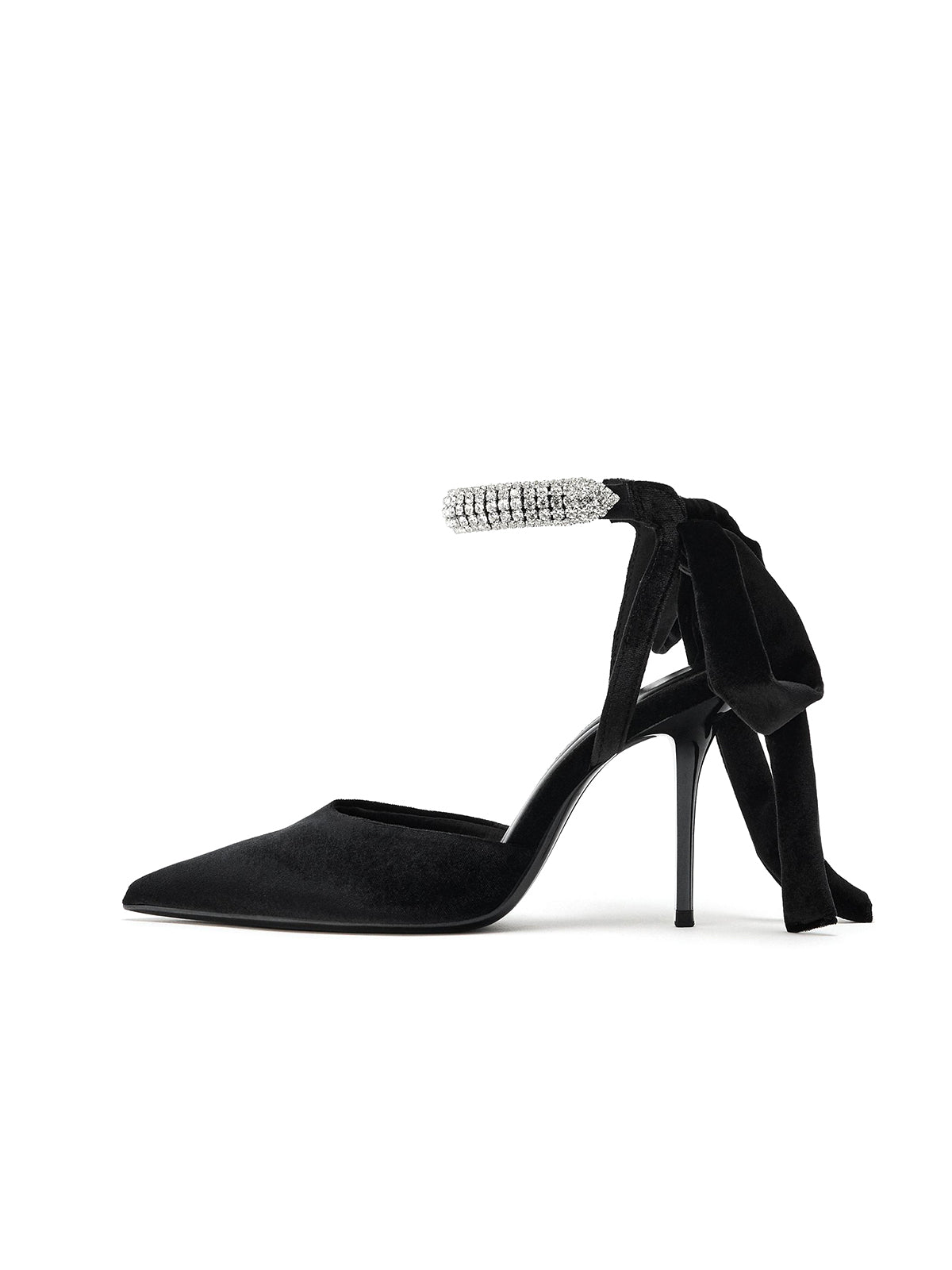Black Velvet Pointed-Toe Slingback Rhinestone Ankle Strap With Bow High Heels