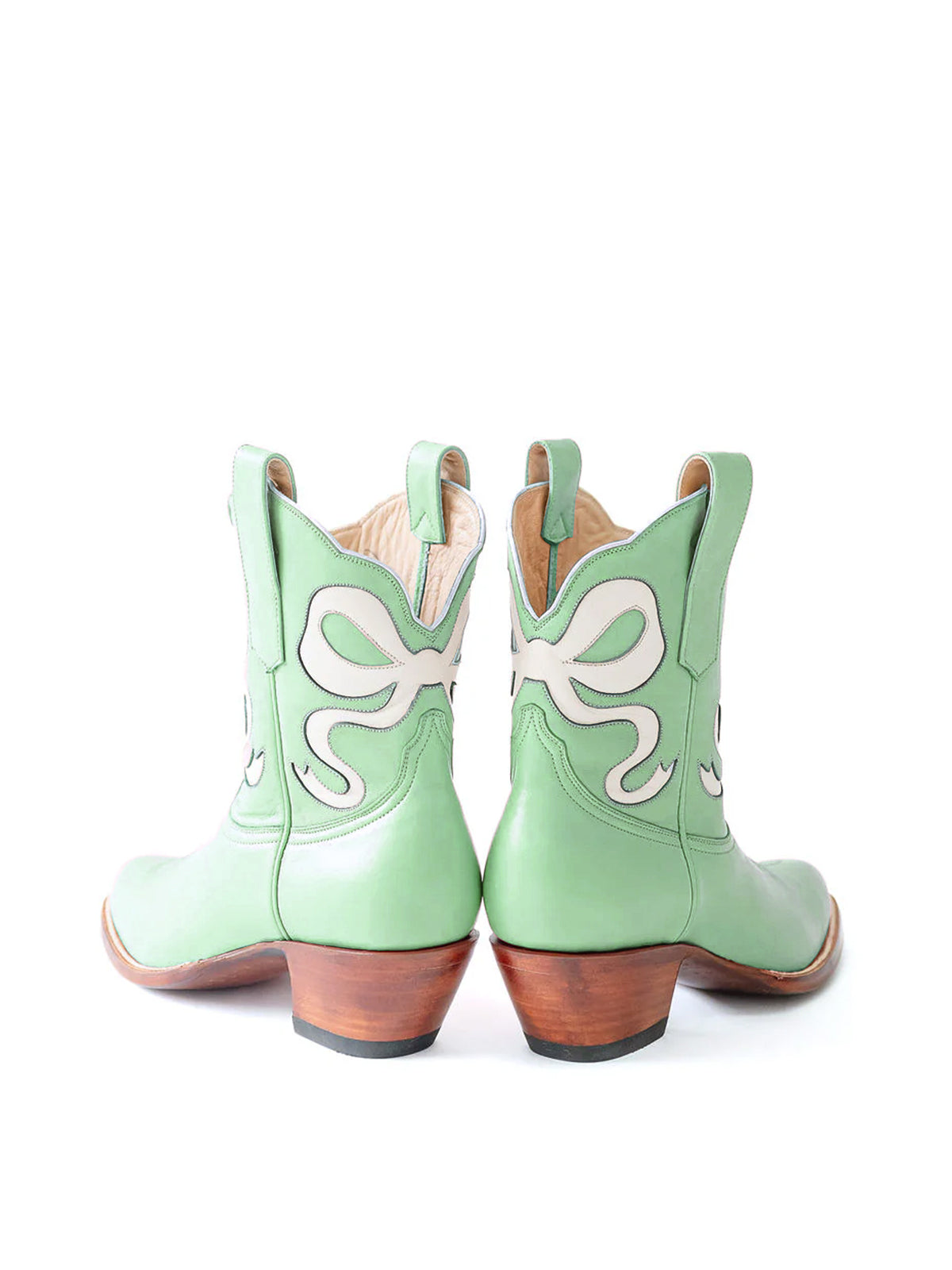 Green Almond-Toe Ankle Western Boots With White Bowknot Inlay