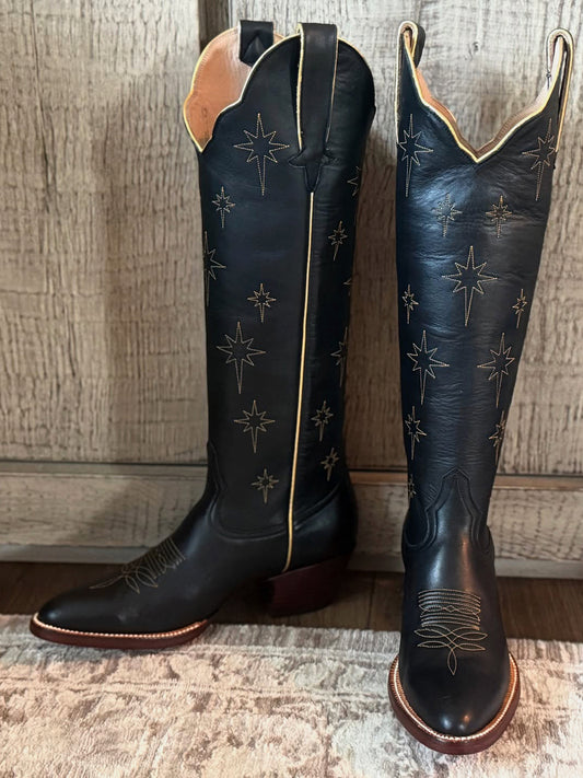 Black Almond-Toe North Stars Embroidery Wide Calf Knee High Cowgirl Boots