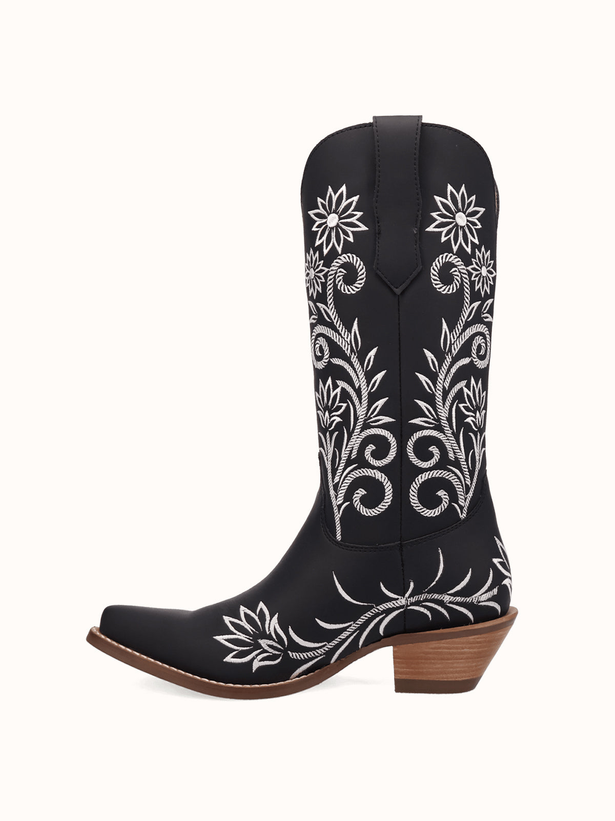 Black Snip-Toe White Flowers Embroidery Chic Mid Calf Cowgirl Boots