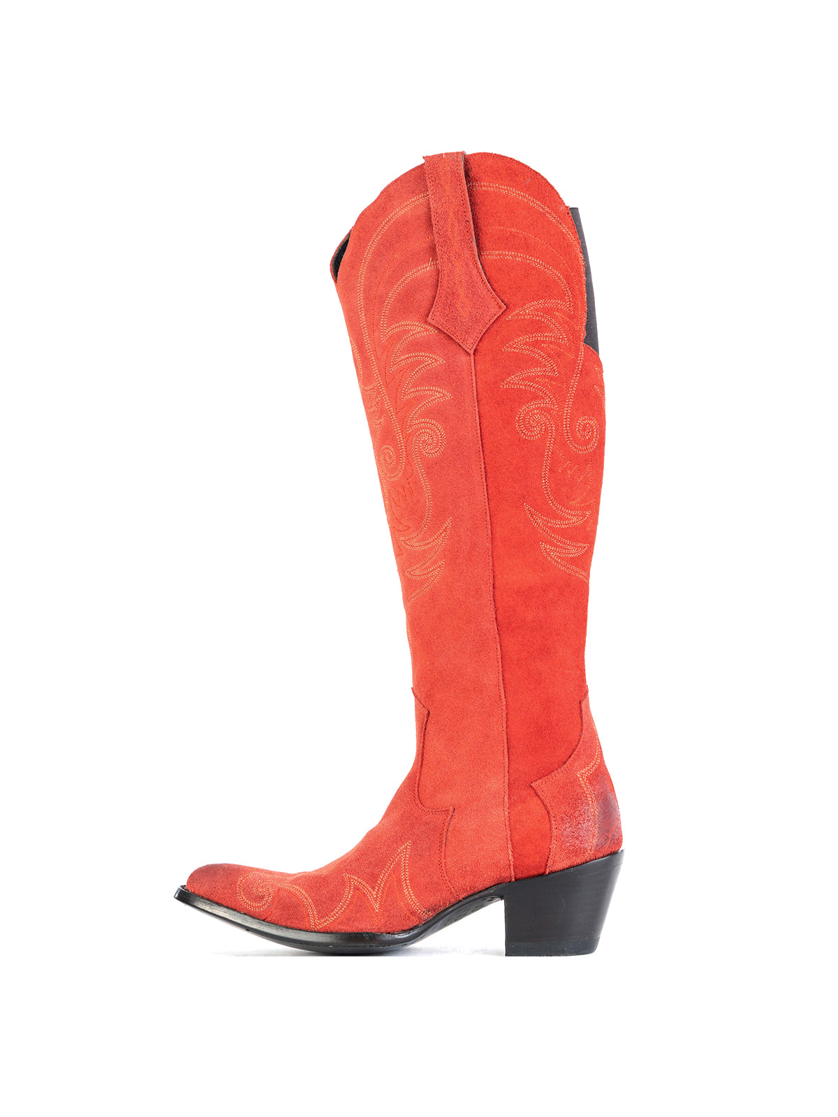 Side-Zip Pointed-Toe Chic Embroidery Wide Calf Knee High Cowgirl Boots - Red
