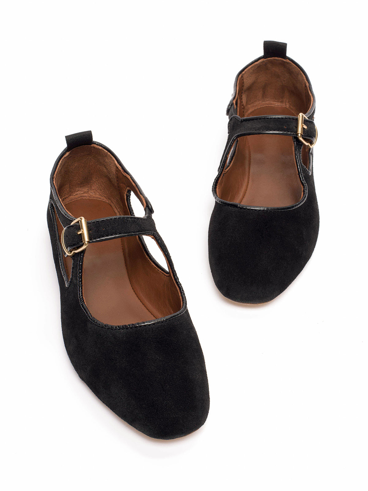 Square-Toe Buckle Strap Chic Flats - Black Faux Suede