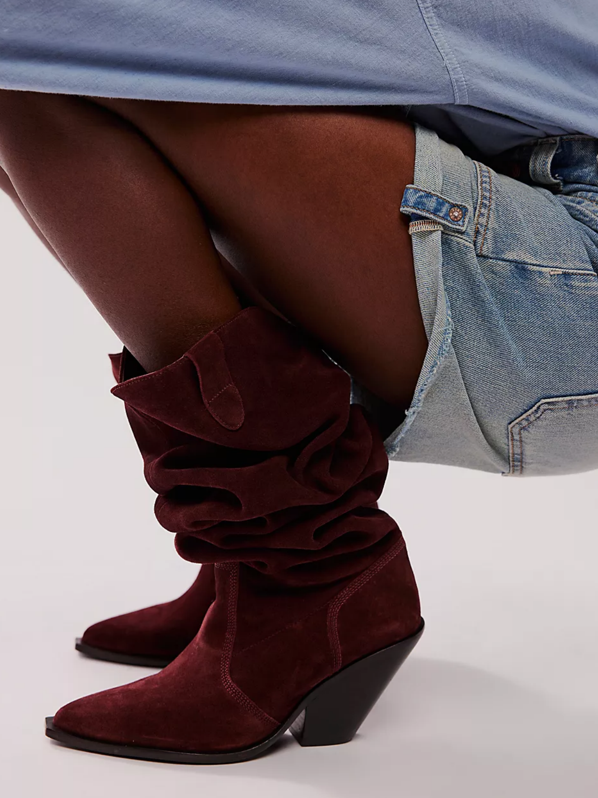 Red Faux Suede Pointy Knee High Western Boots Slouchy Mid Calf Cowgirl Boots