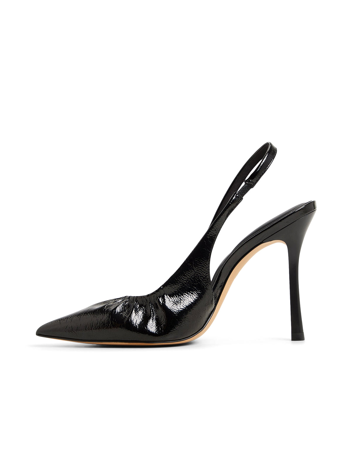Patent Black Pointed-Toe Ruched Vamp Slingback High Heels