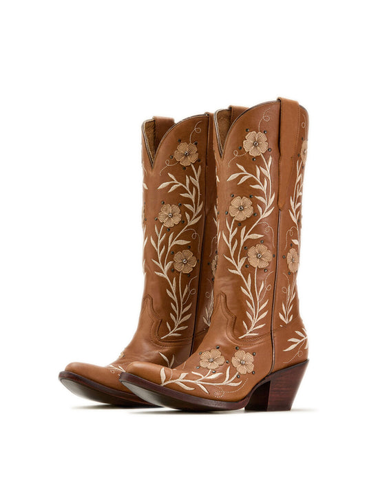 Tan Almond-Toe Flower Applique With Studs Mid Calf Embroidery Cowgirl Boots