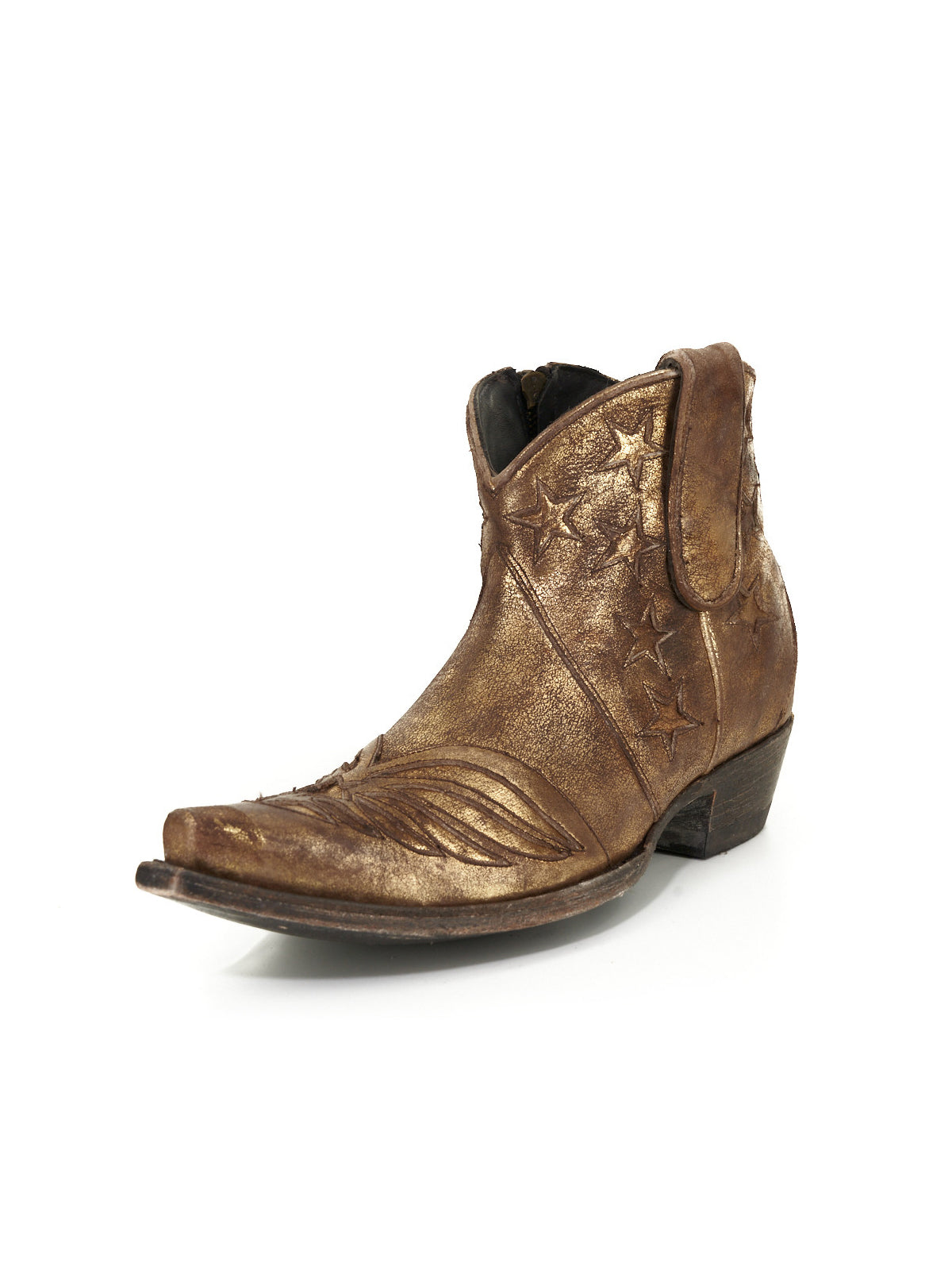 Metallic Bronze Snip-Toe Stars Inlay Full-Zip Ankle Cowgirl Boots