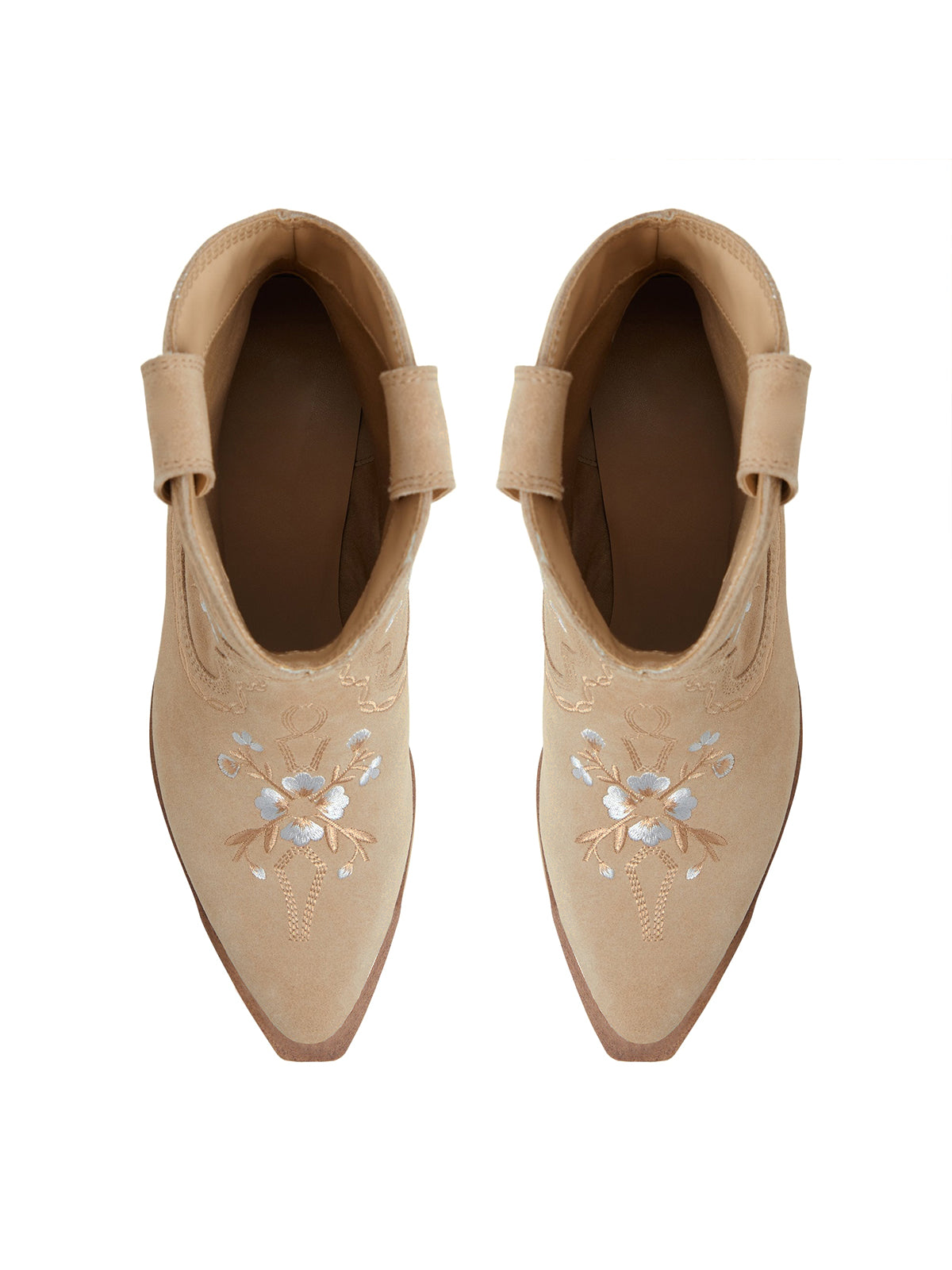 Beige Faux Suede Almond-Toe Floral Embroidery Ankle Cowgirl Boots