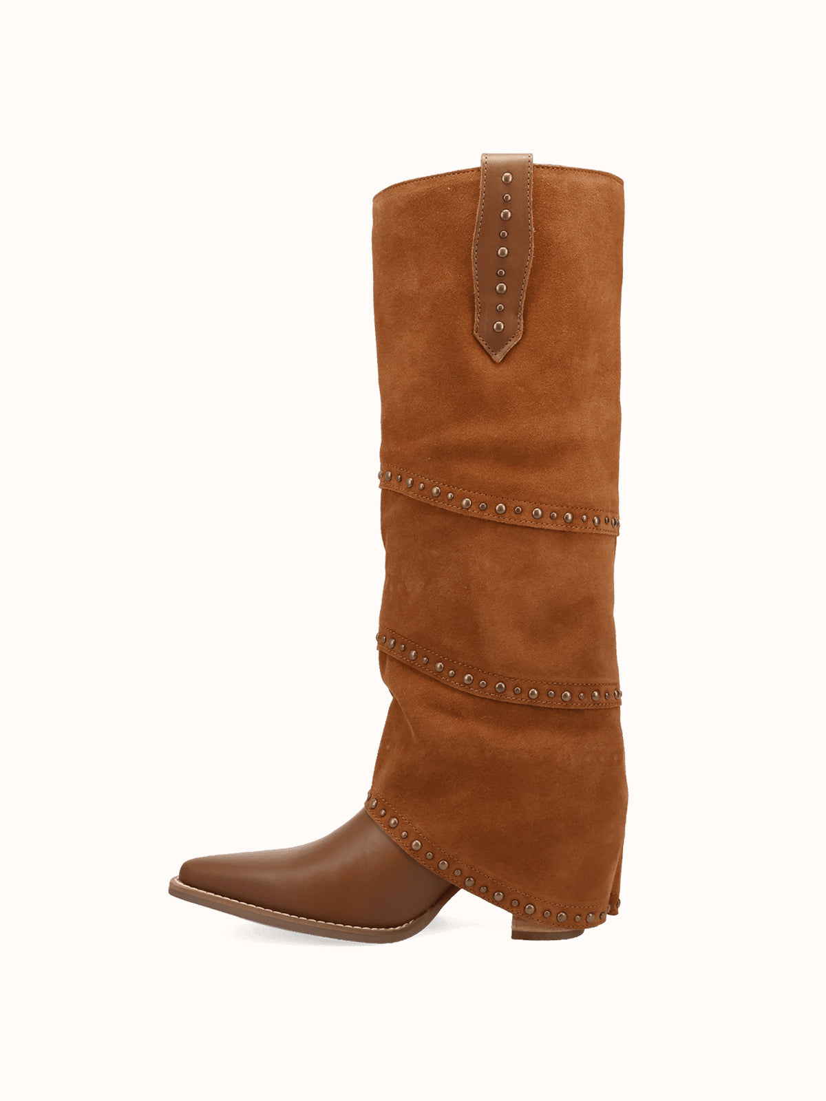 Brown Snip-Toe Faux Suede Fold-Over With Studs Wide Calf Knee High Cowgirl Boots