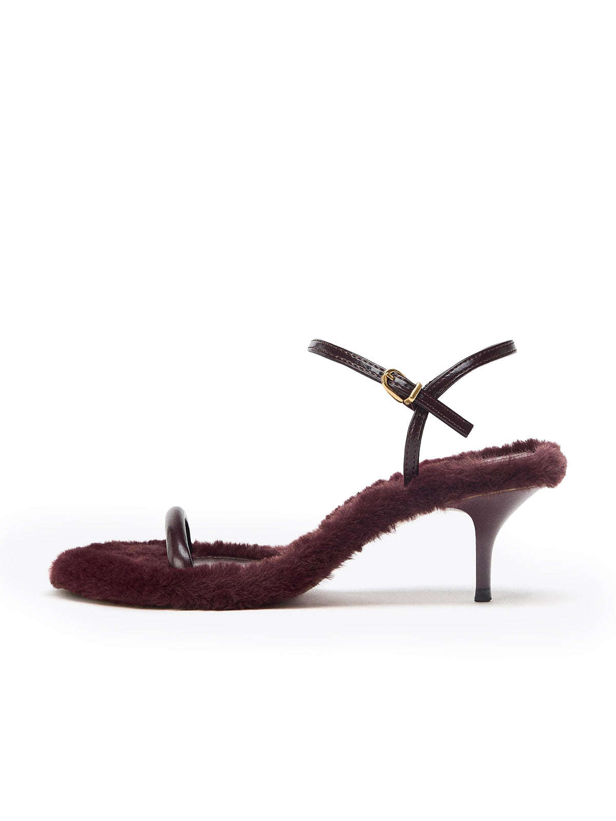Burgundy Plush Round-Toe Front And Ankle Strap Kitten Heels