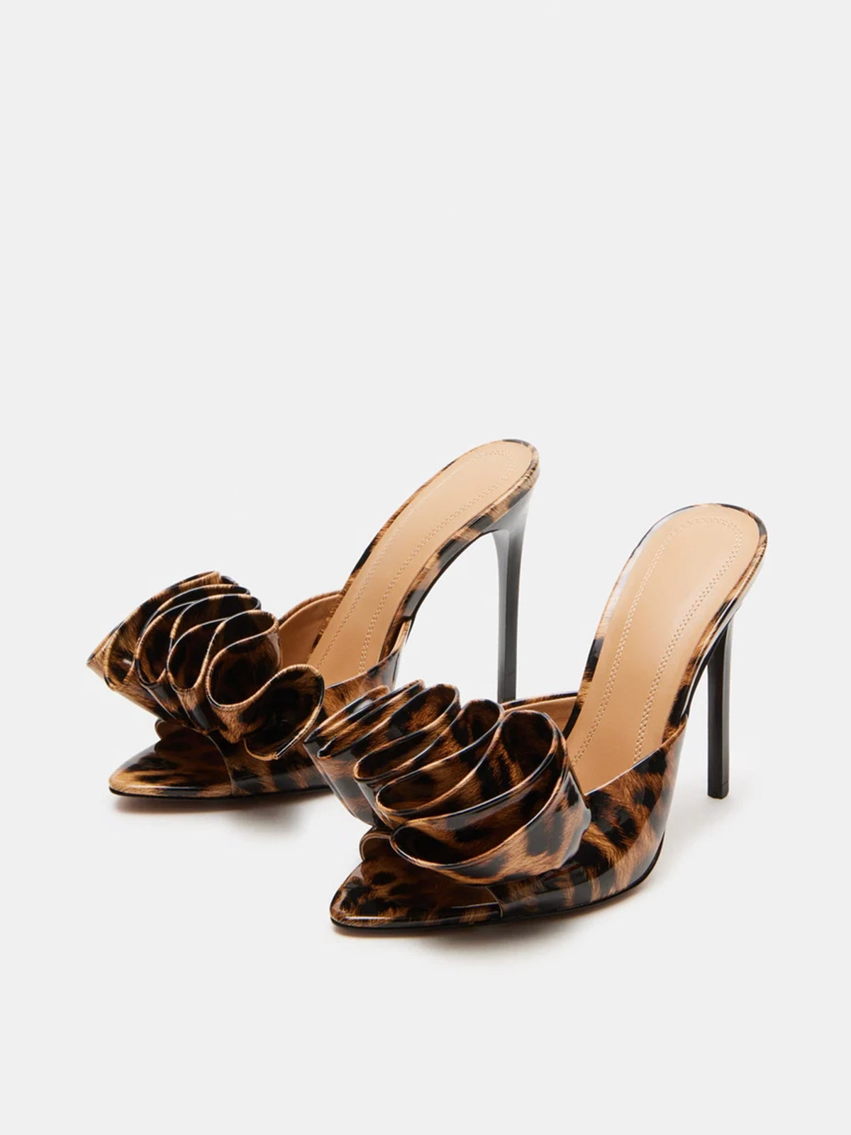 Pointed-Toe Slip-On Ruffle High Heels - Patent Leopard