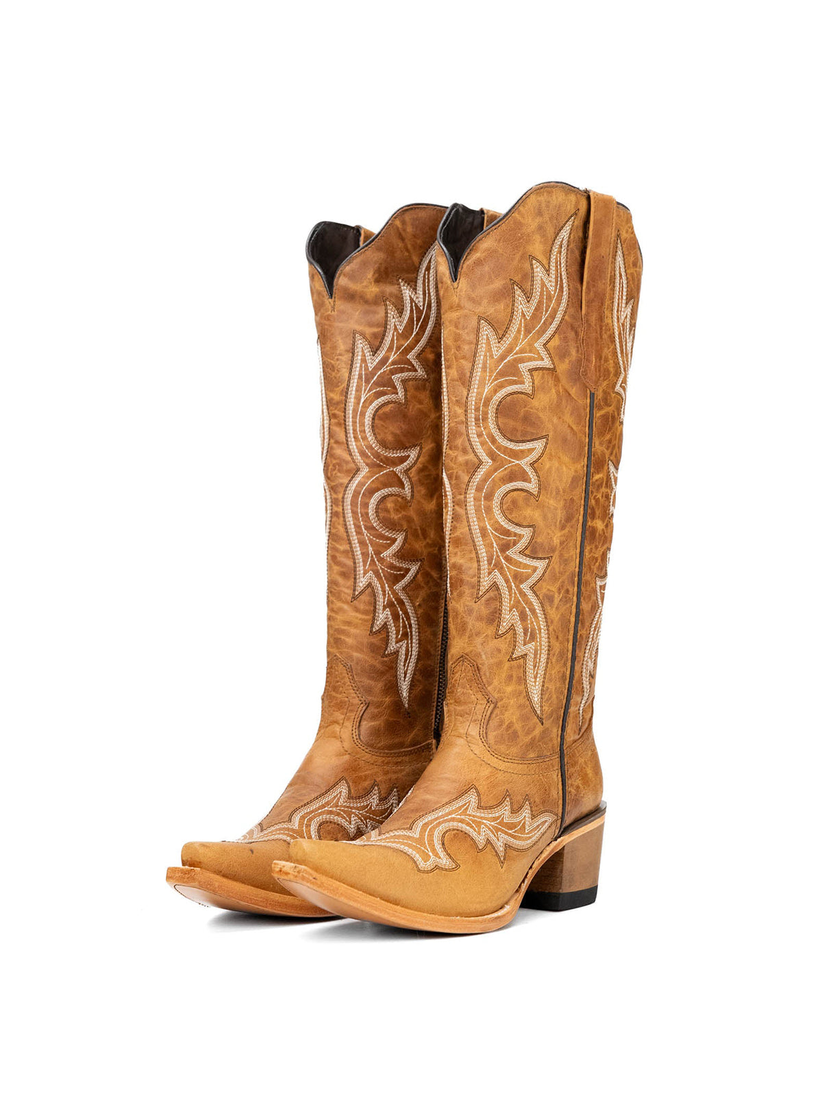Distressed Tan Snip-Toe Half-Zip Classic Embroidery Knee High Tall Cowgirl Boots