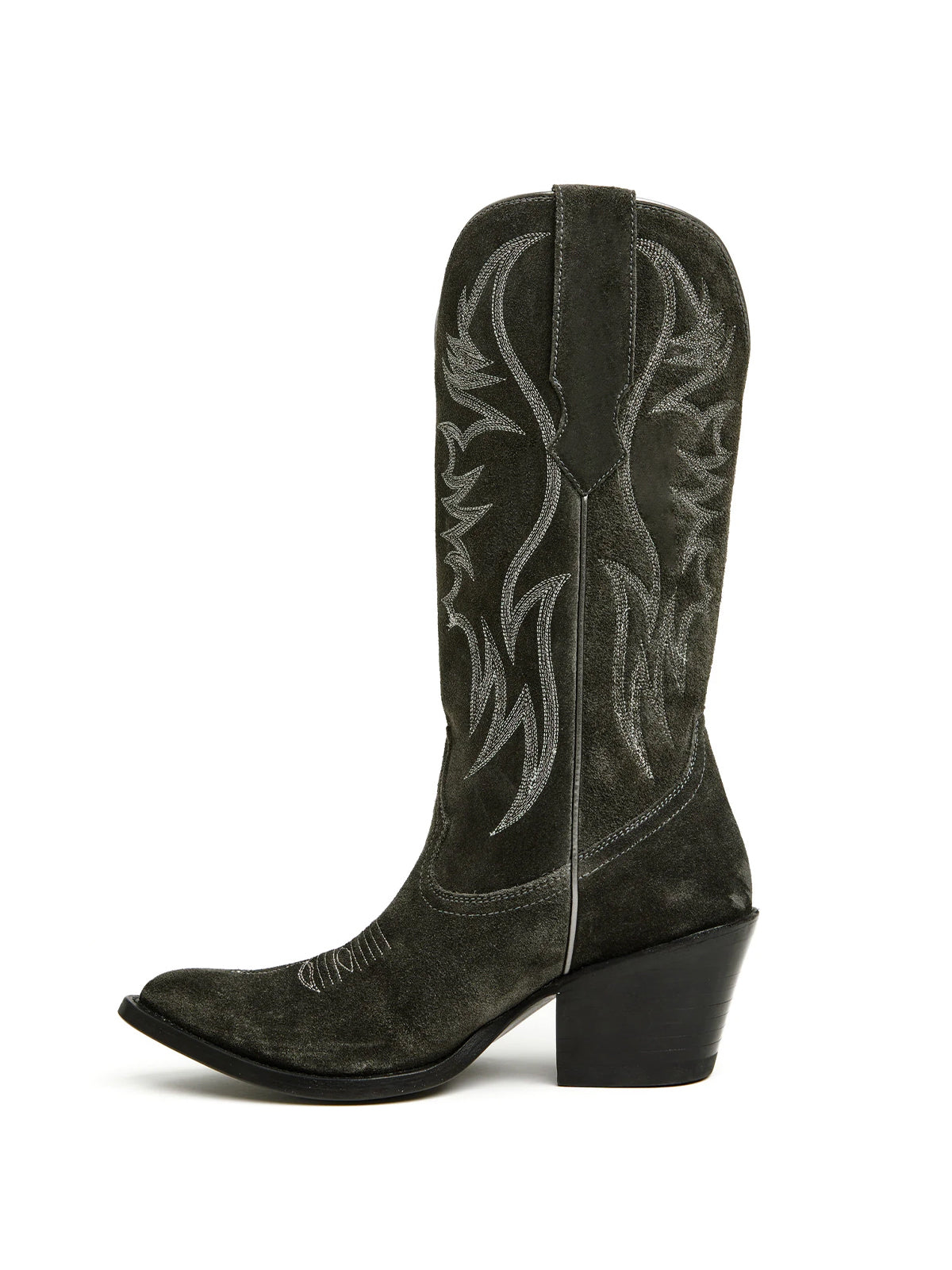 Faux Suede Wings Embroidery Pointed-Toe Mid Calf Cowgirl Boots - Charcoal