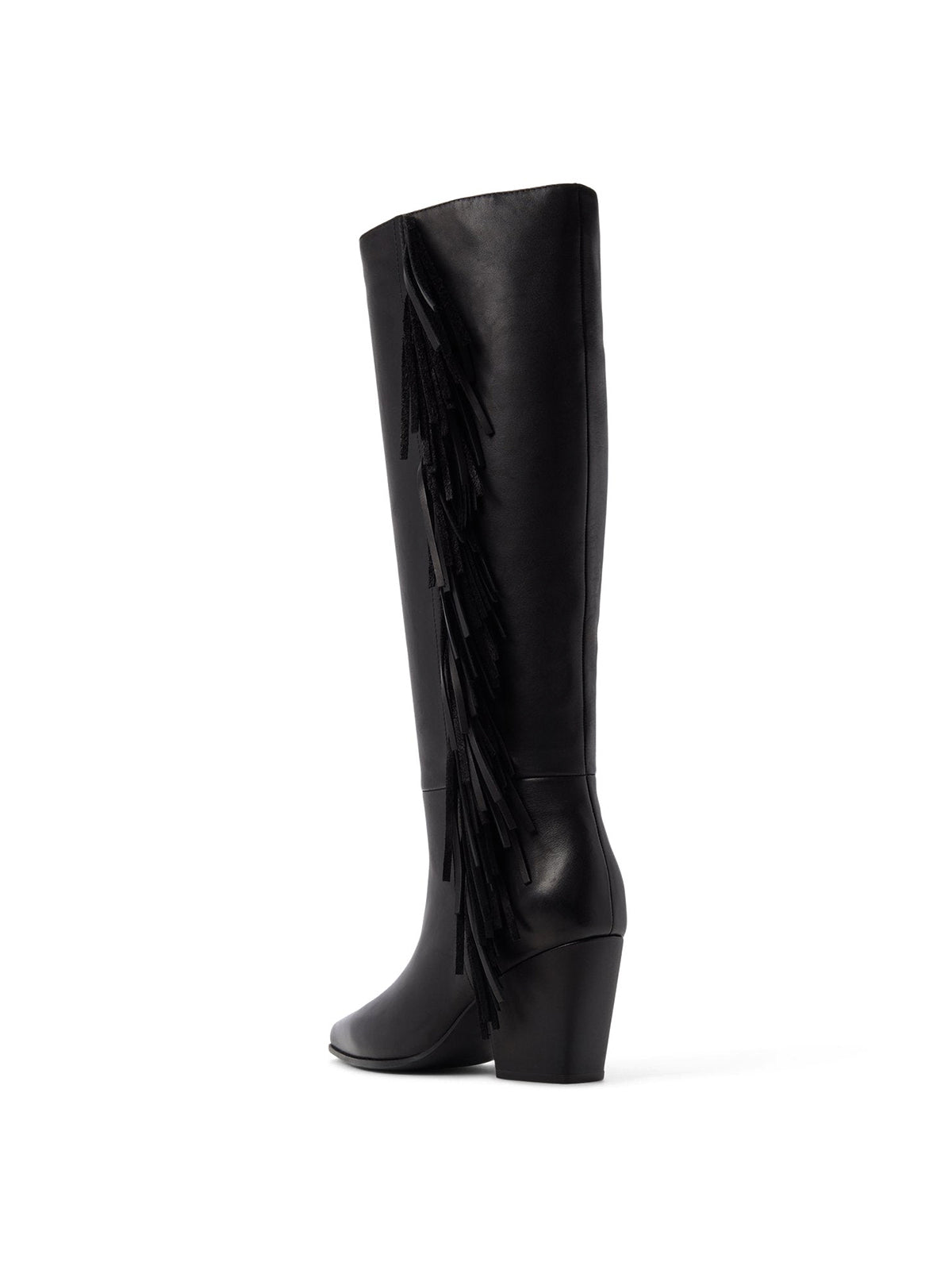 Black Snip-Toe Side Fringe Half-Zip Simple Knee High Cowgirl Boots