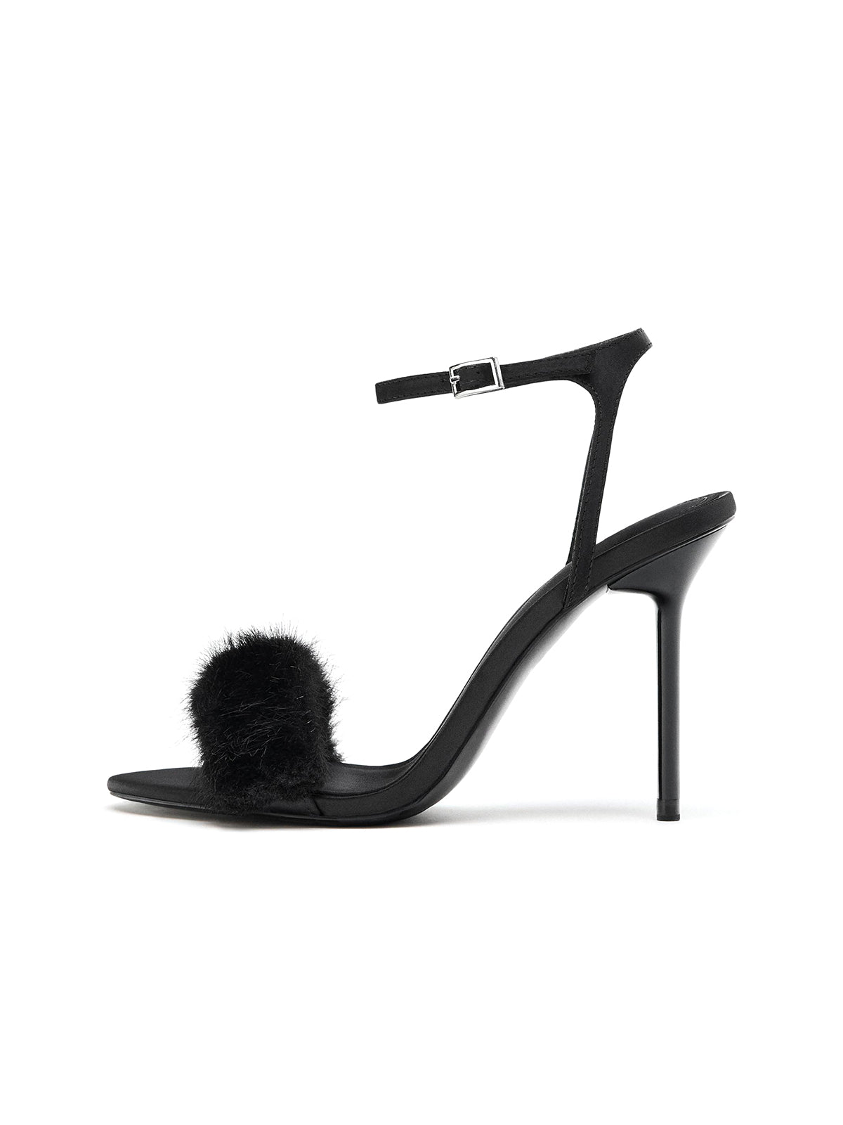 Black Satin Plush Round-Toe Ankle Buckle Strap High Heels