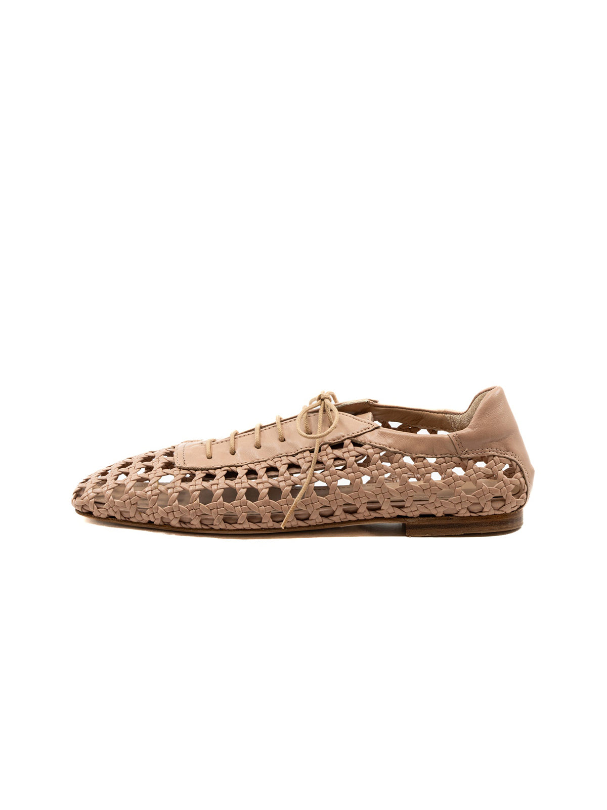 Nude Woven Vegan Leather Square-Toe Chic Lace-Up Flats