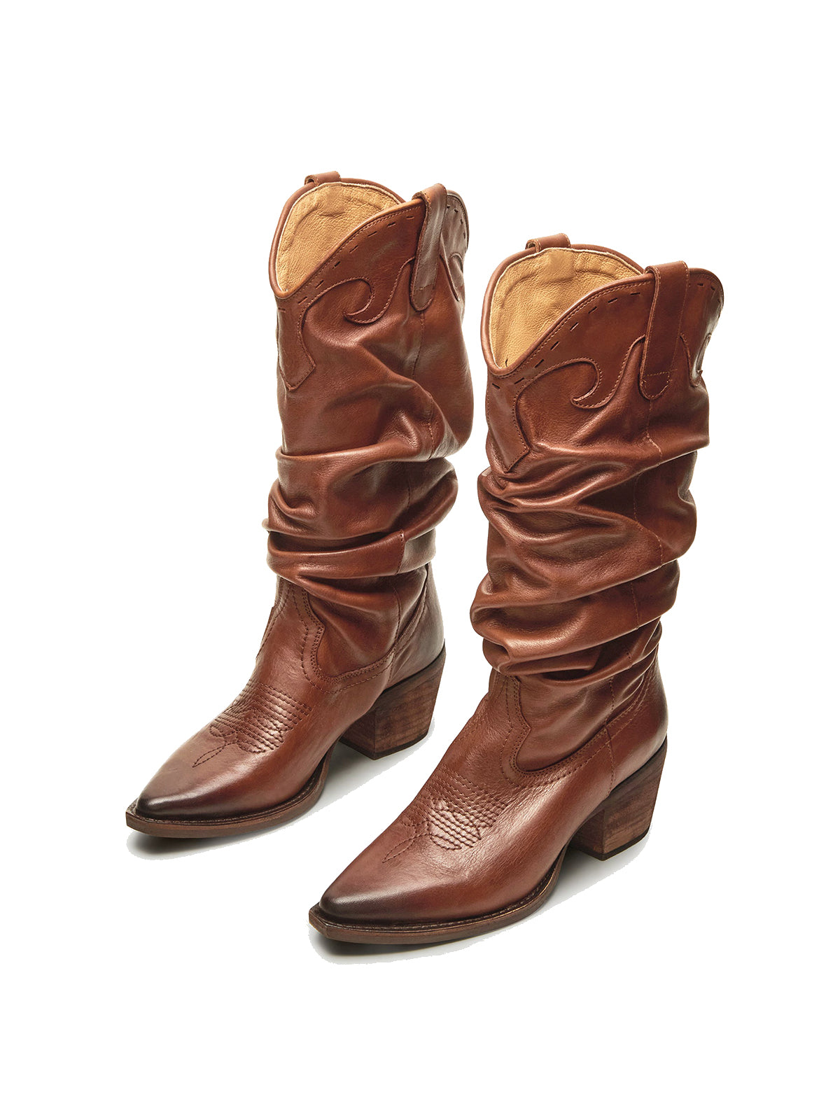 Cognac Snip-Toe Slouchy Mid Calf Cowgirl Boots
