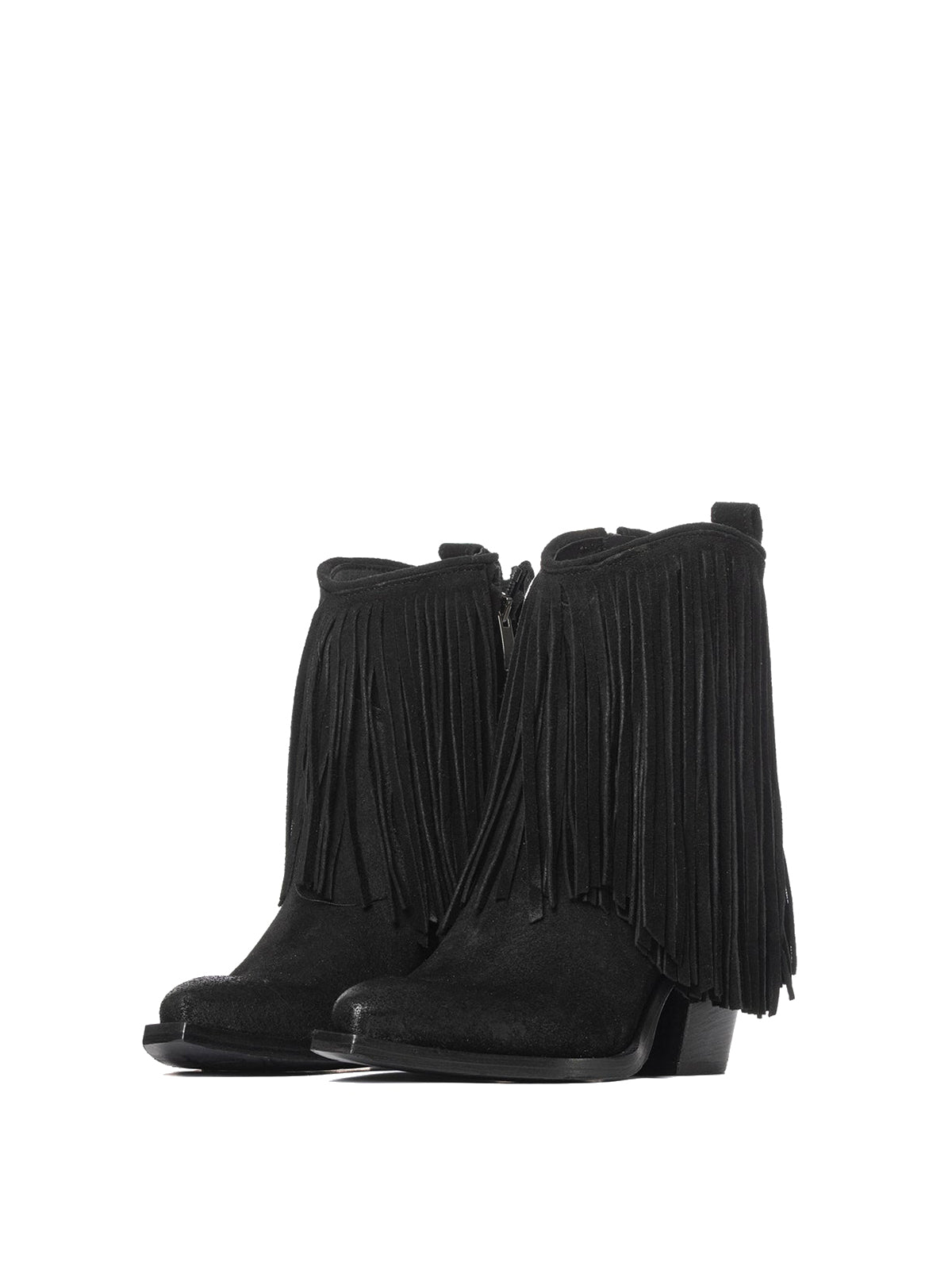 Black Faux Suede Snip-Toe Fringe Full-Zip Ankle Cowgirl Boots