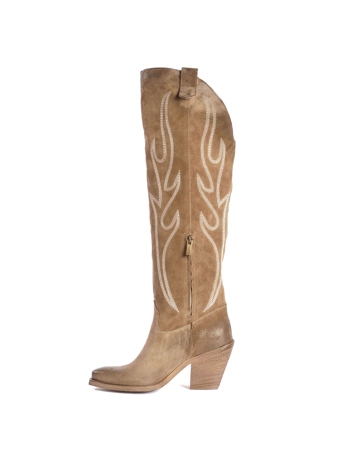Taupe Faux Suede Snip-Toe Half-Zip Chic Embroidery Knee High Cowgirl Boots