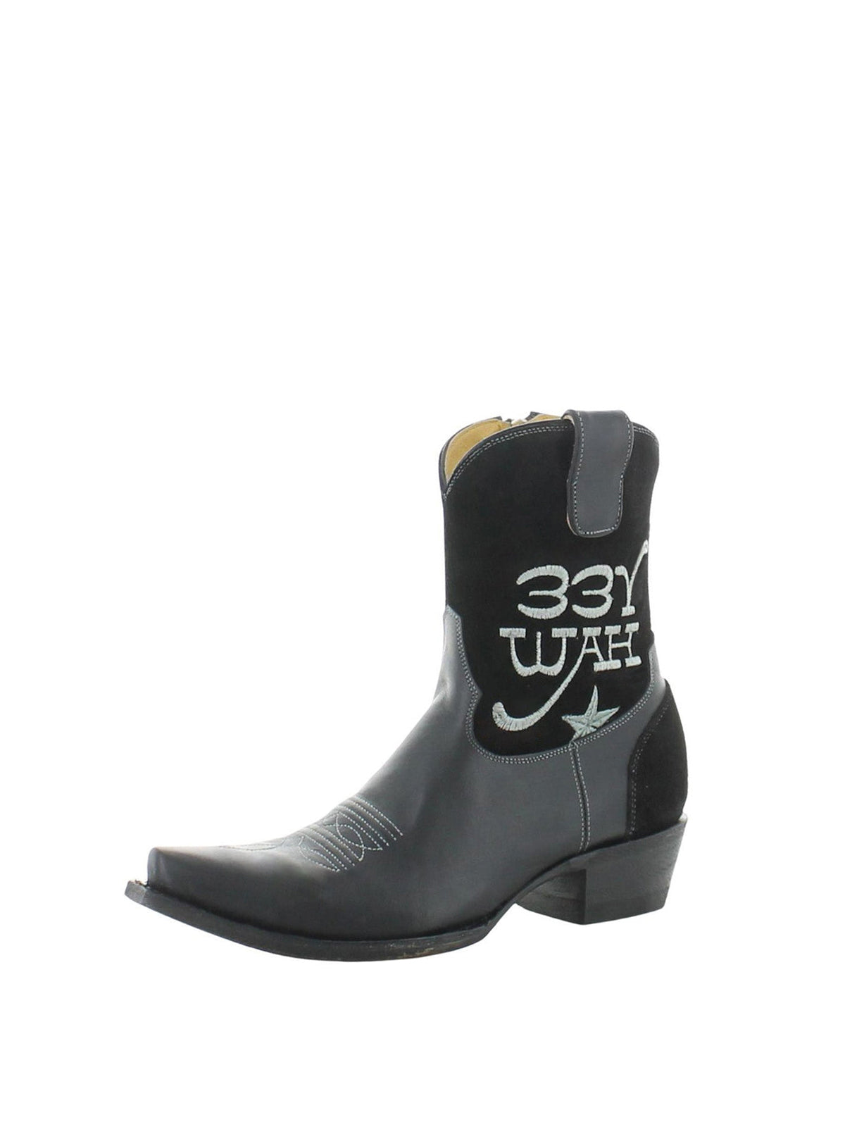 Black Snip-Toe Letters Embroidery Full-Zip Ankle Cowgirl Boots