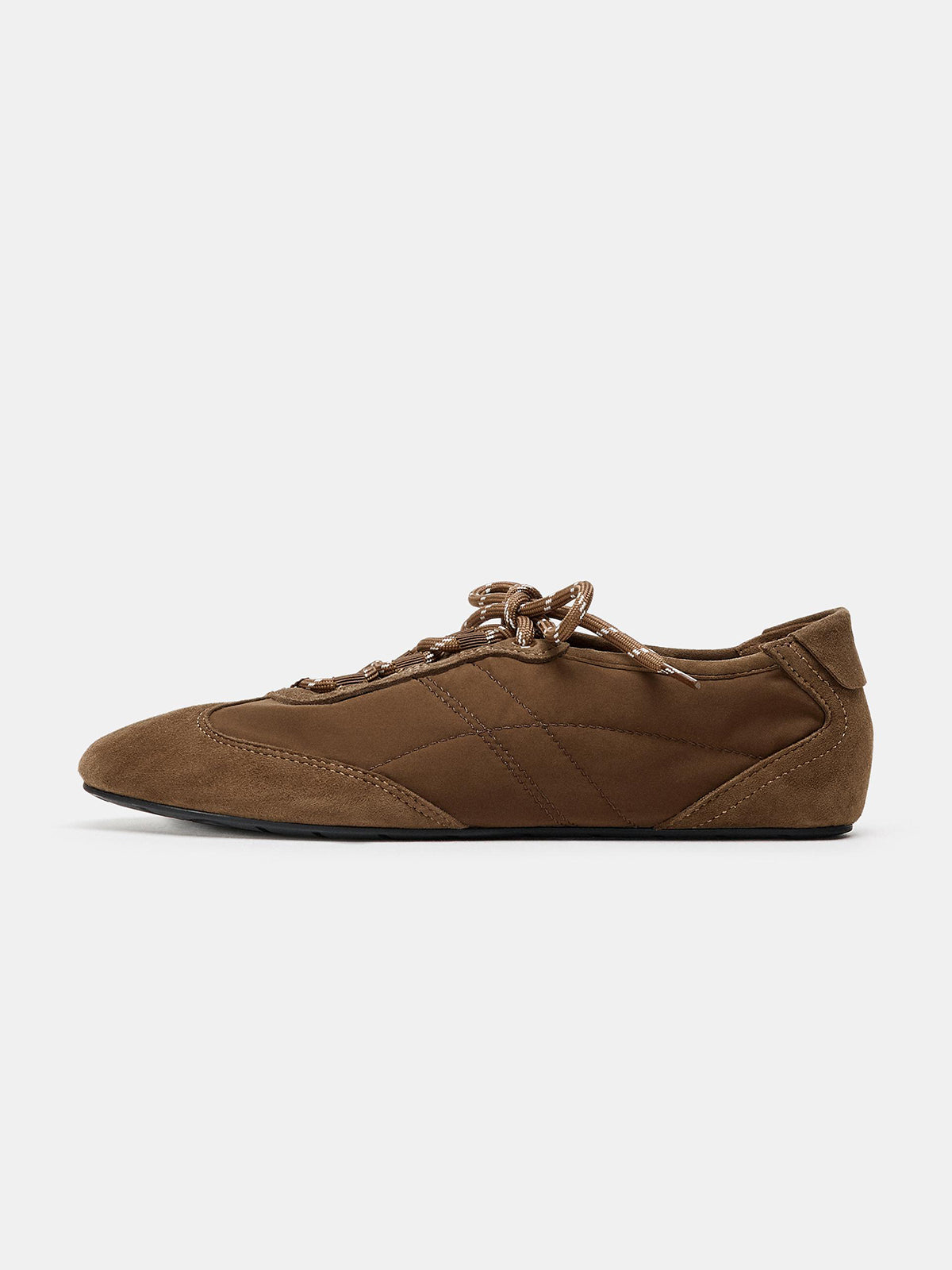 Brown Faux Suede And Satin Round-Toe Lace-Up Flats Sneakers